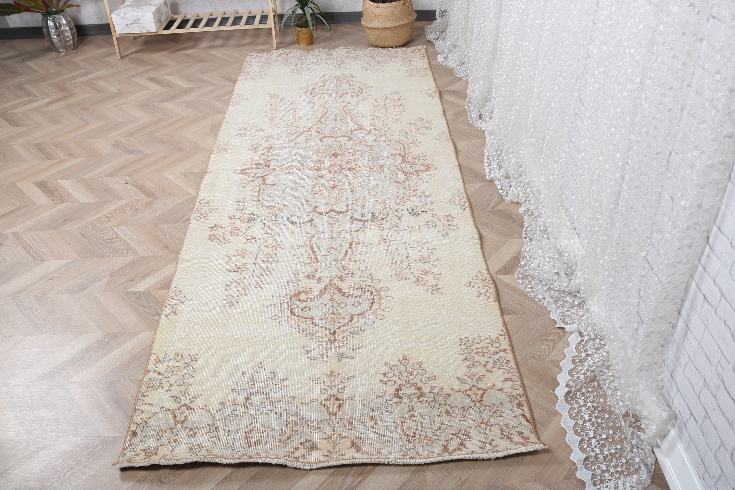 3.7x9.4 ft Runner Rug, Luxury Rugs, Vintage Rugs, Turkish Rug, Organic Rug, Neutral Rug, Yellow Oriental Rug, Long Runner Rug, Stair Rug