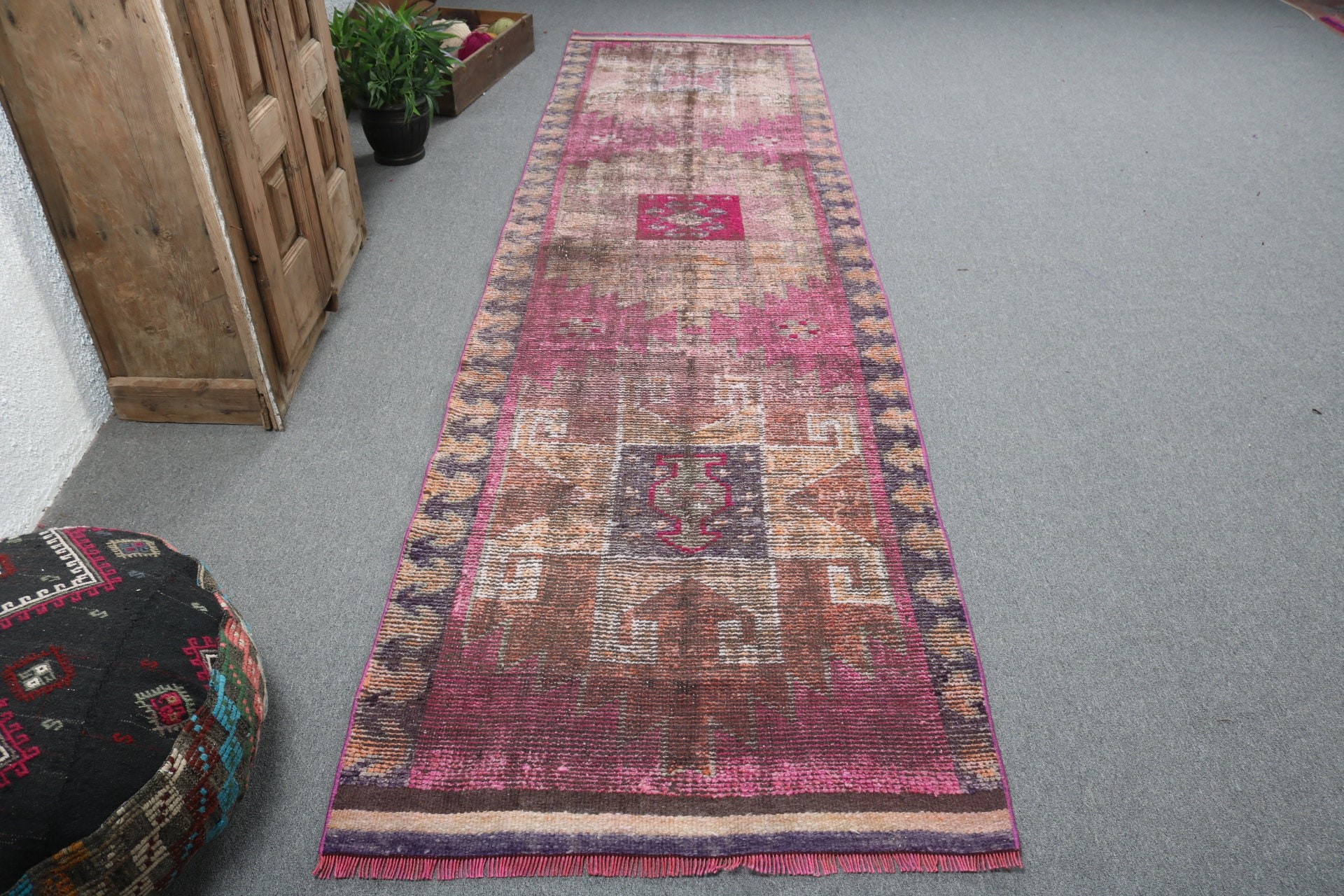 3.2x11.8 ft Runner Halı, Koridor Halıları, Vintage Halılar, Açıklama Halıları, Türk Halıları, Antika Halı, Pembe Yün Halı, Boho Halı, Uzun Yolluk Halıları