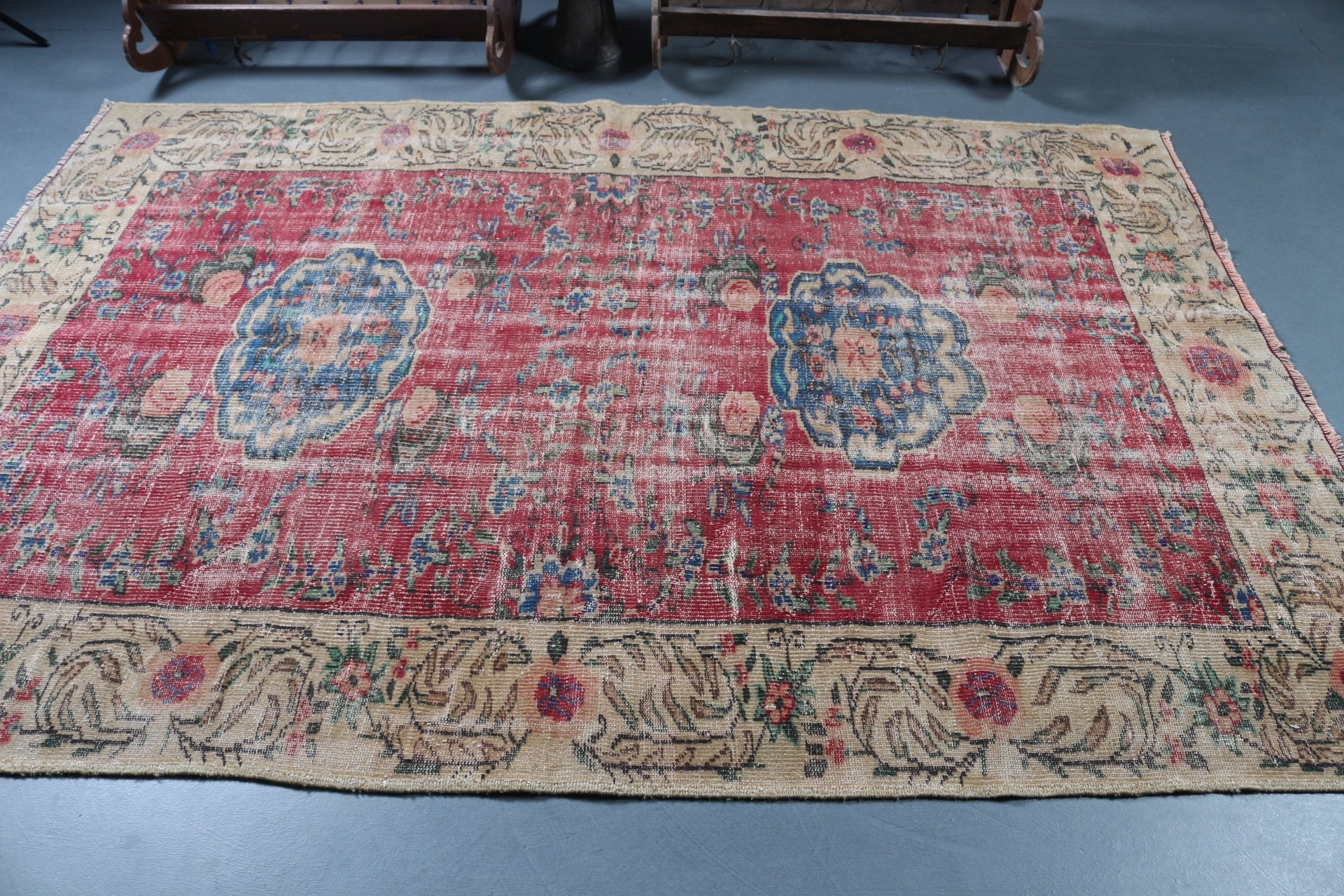 Vintage Rugs, Living Room Rug, Hand Knotted Rug, Turkish Rug, Red Wool Rug, Oriental Rug, 6.1x8.8 ft Large Rugs, Bedroom Rugs