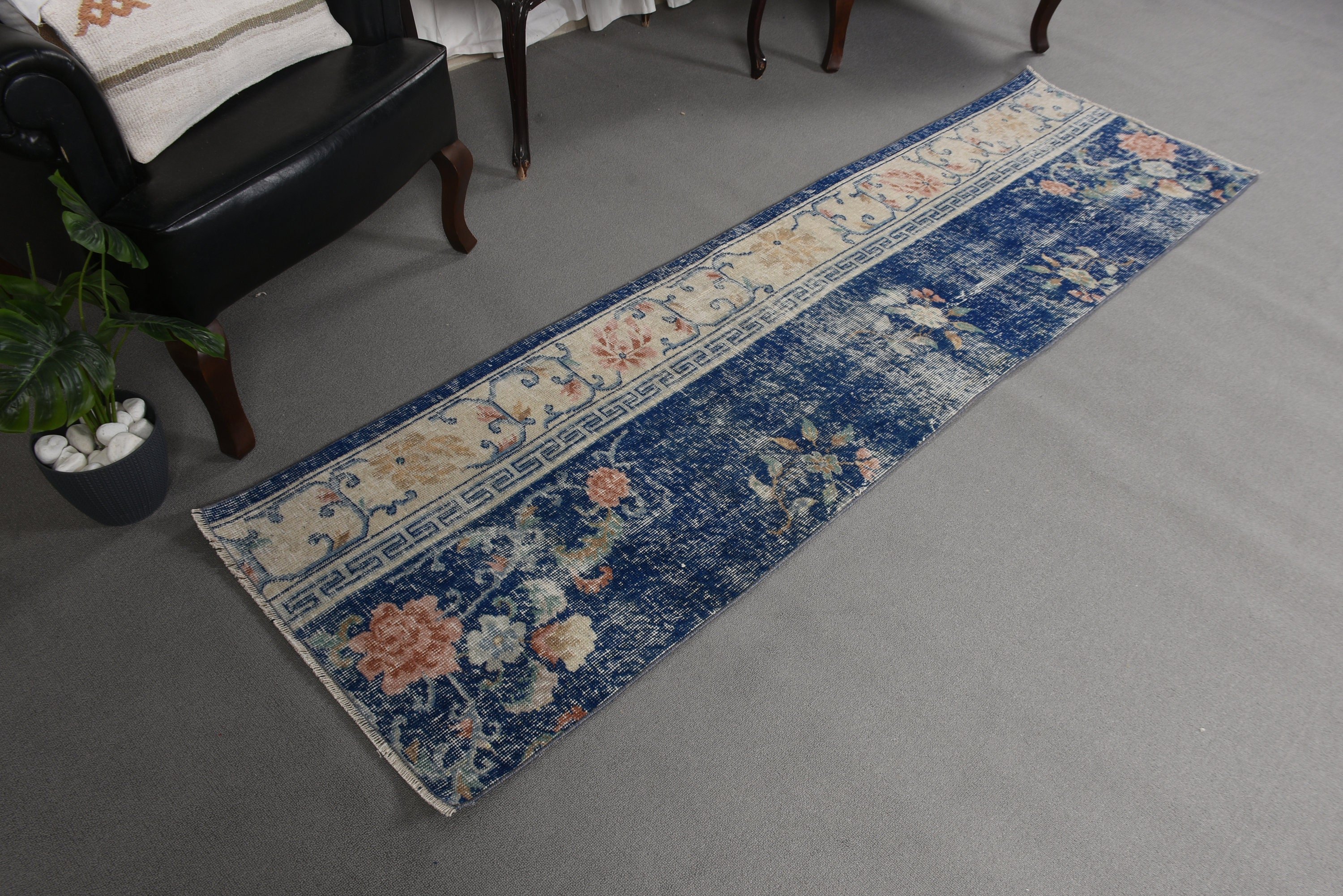 Long Runner Rugs, Turkish Rug, Blue Bedroom Rugs, 2.3x7.9 ft Runner Rugs, Oushak Rug, Aesthetic Rugs, Stair Rug, Vintage Rug