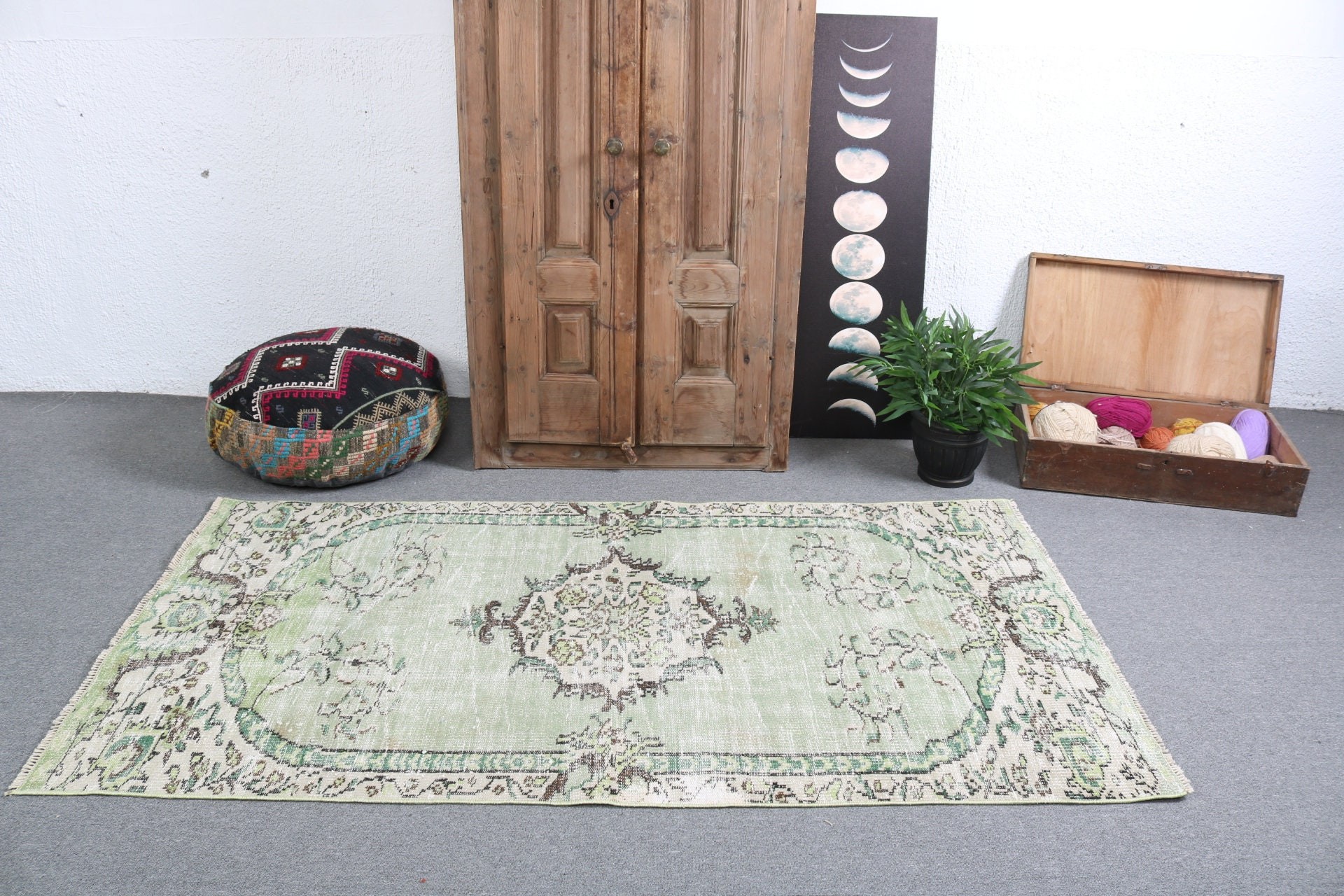 Green Kitchen Rugs, Indoor Rugs, Turkish Rugs, Vintage Rug, Boho Area Rugs, Modern Rugs, Handmade Rug, 3.6x6.8 ft Area Rug, Home Decor Rug