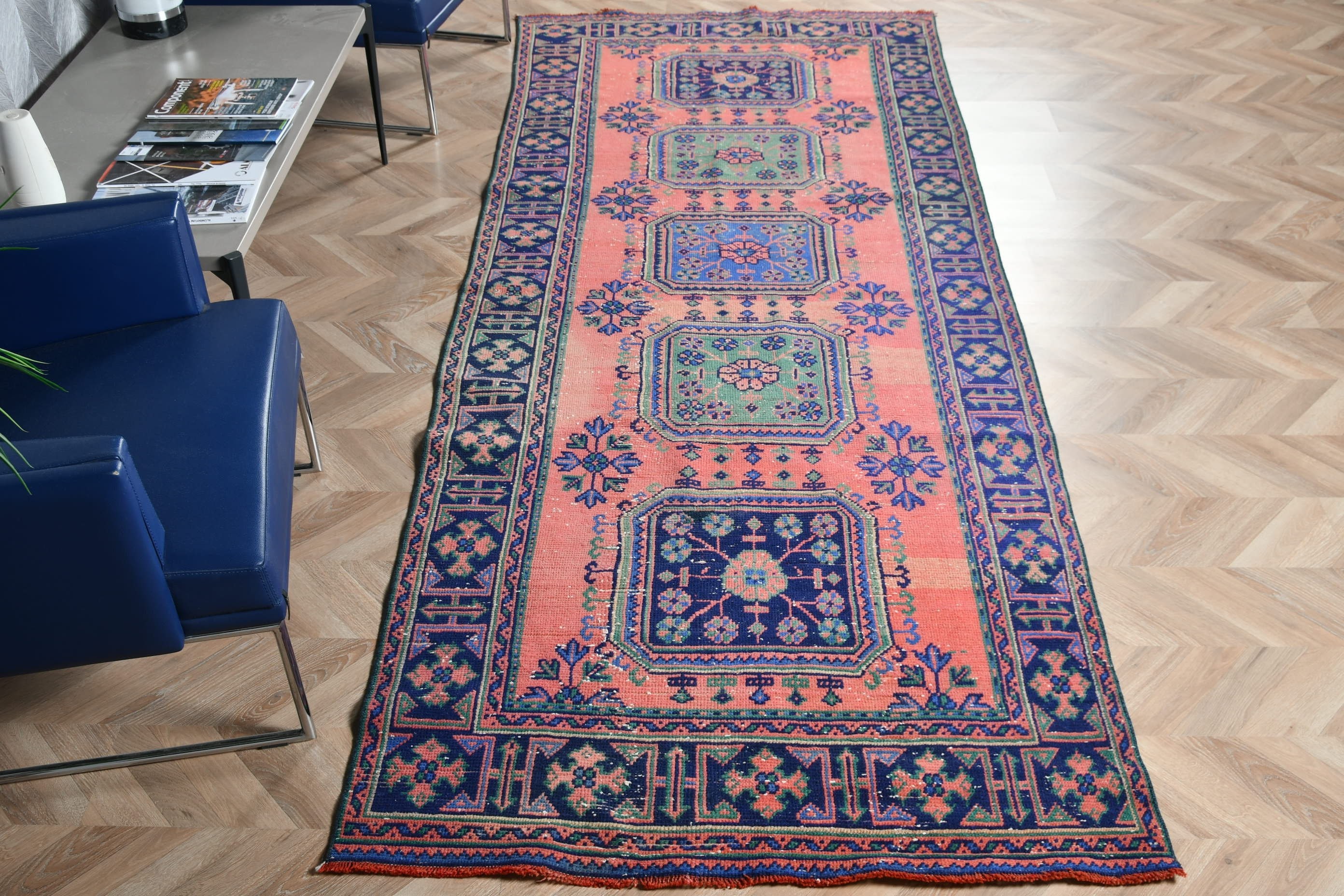 Koridor Halıları, Antika Halı, Kırmızı Oushak Halı, Ev Dekorasyonu Halısı, Vintage Halı, Retro Halı, Merdiven Halıları, Türk Halısı, 4.1x10.5 ft Runner Halısı