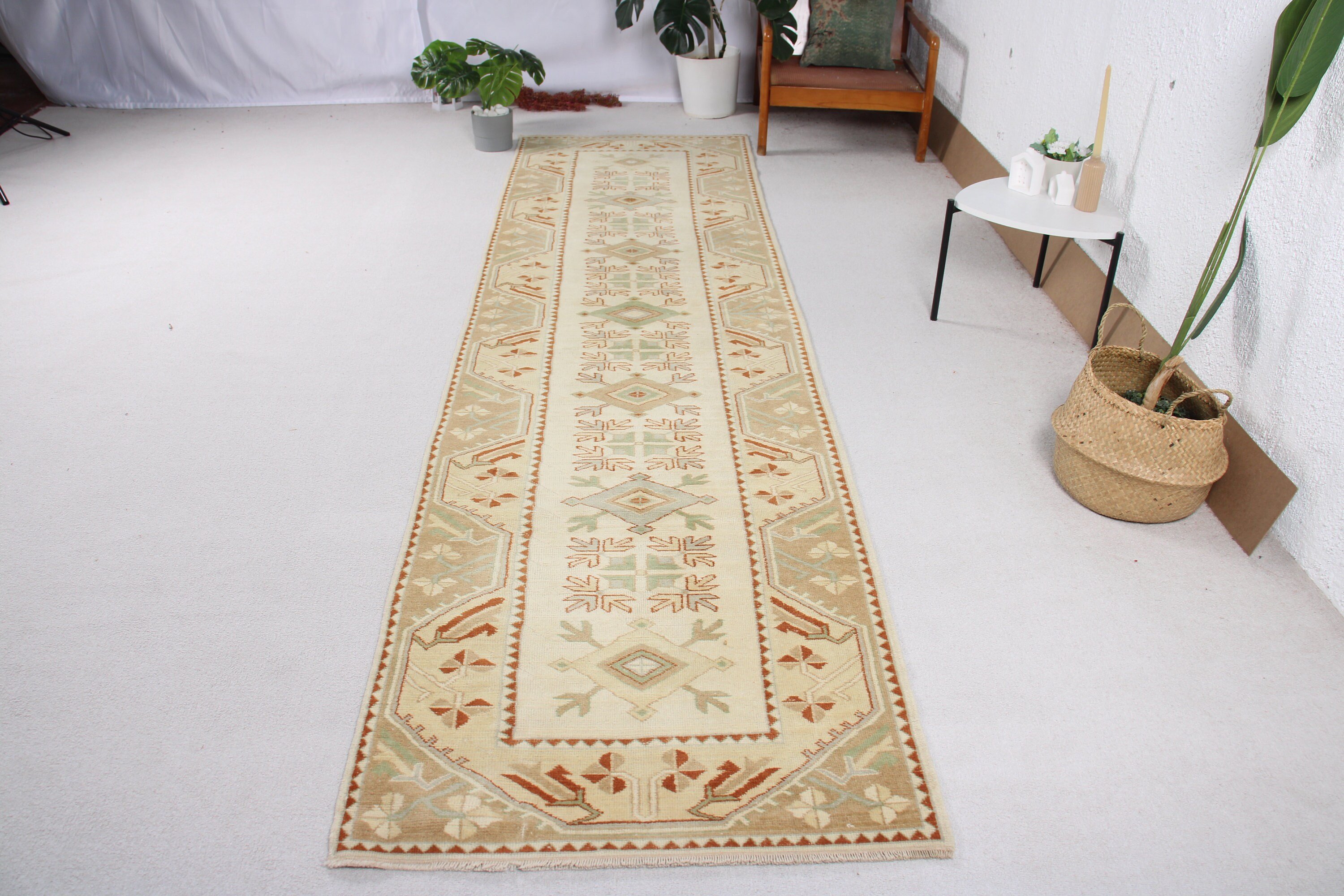 Bej El Dokuma Halılar, Ev Dekorasyonu Halısı, Koridor Halıları, 3x11.5 ft Runner Halısı, Türk Halıları, Vintage Runner Halıları, Oushak Halısı, Vintage Halı