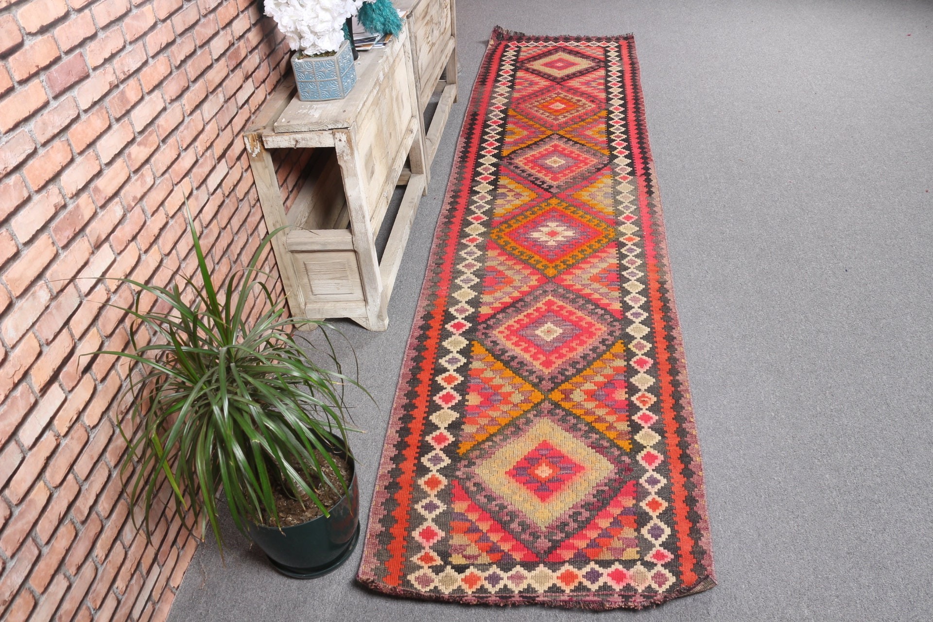 Koridor Halıları, Türk Halısı, Vintage Halı, Fas Halısı, Yün Halıları, Koridor Halısı, 2,5x10,6 ft Runner Halısı, Boho Halısı, Pembe Mutfak Halısı