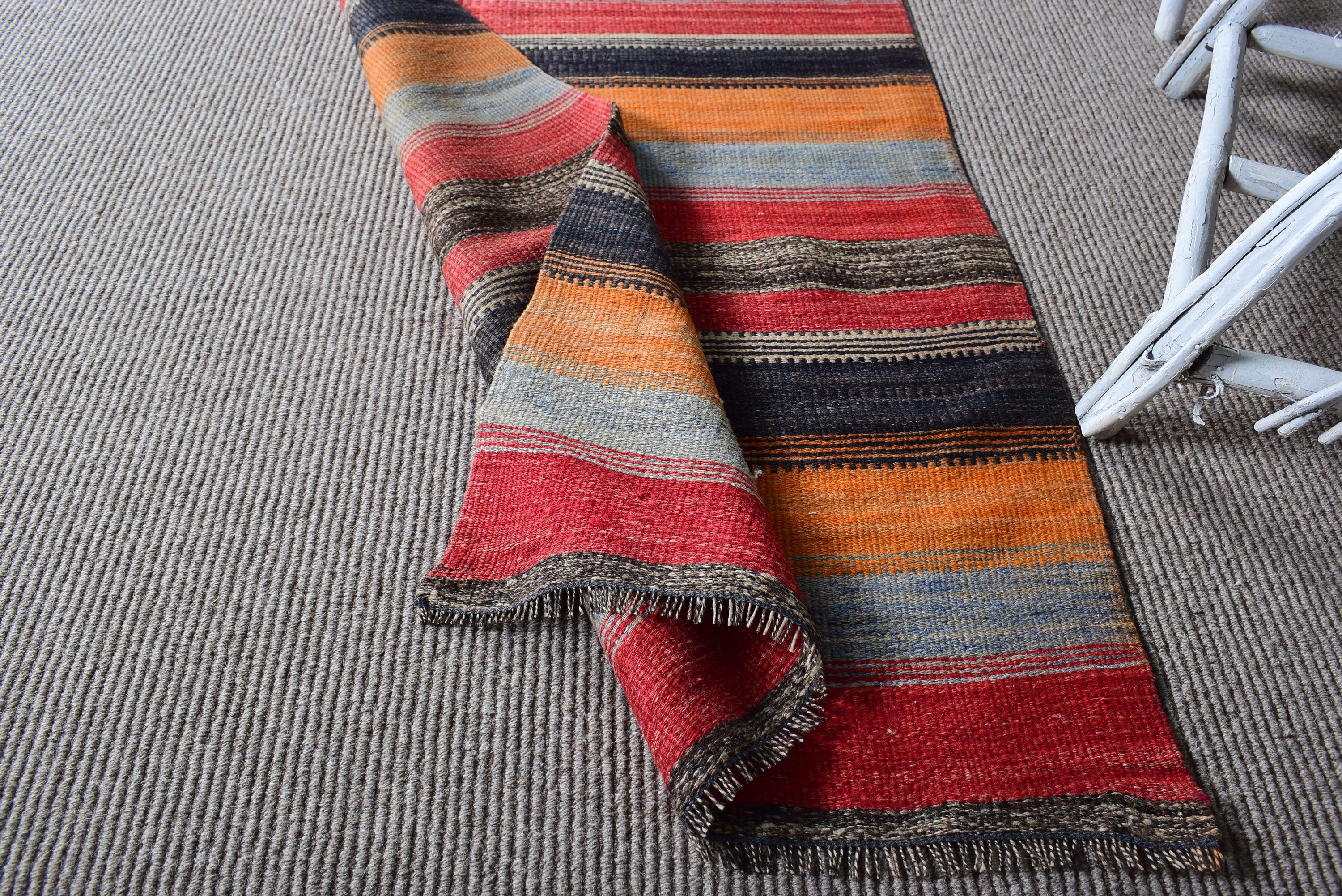 Türk Halıları, Turuncu Boho Halıları, 2,4x7,3 ft Yolluk Halıları, Yün Halıları, Mutfak Halısı, Vintage Halı, Kilim, Uzun Yolluk Halısı