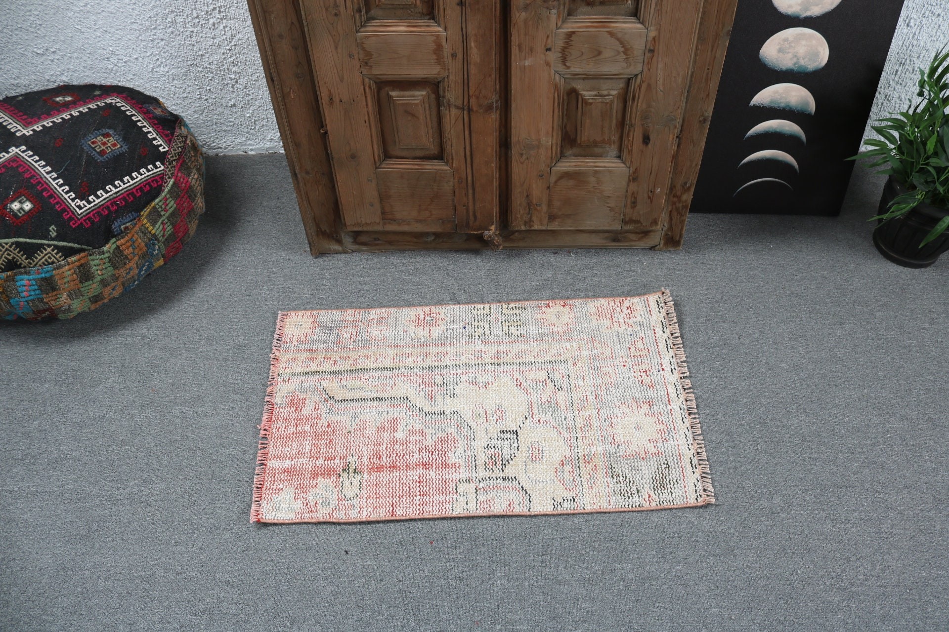 Duvara Asılı Halılar, El Yapımı Halı, Bej Modern Halı, Paspas Halısı, Vintage Halılar, Türk Halıları, 1.6x2.7 ft Küçük Halı, Yün Halı, Antika Kilimler