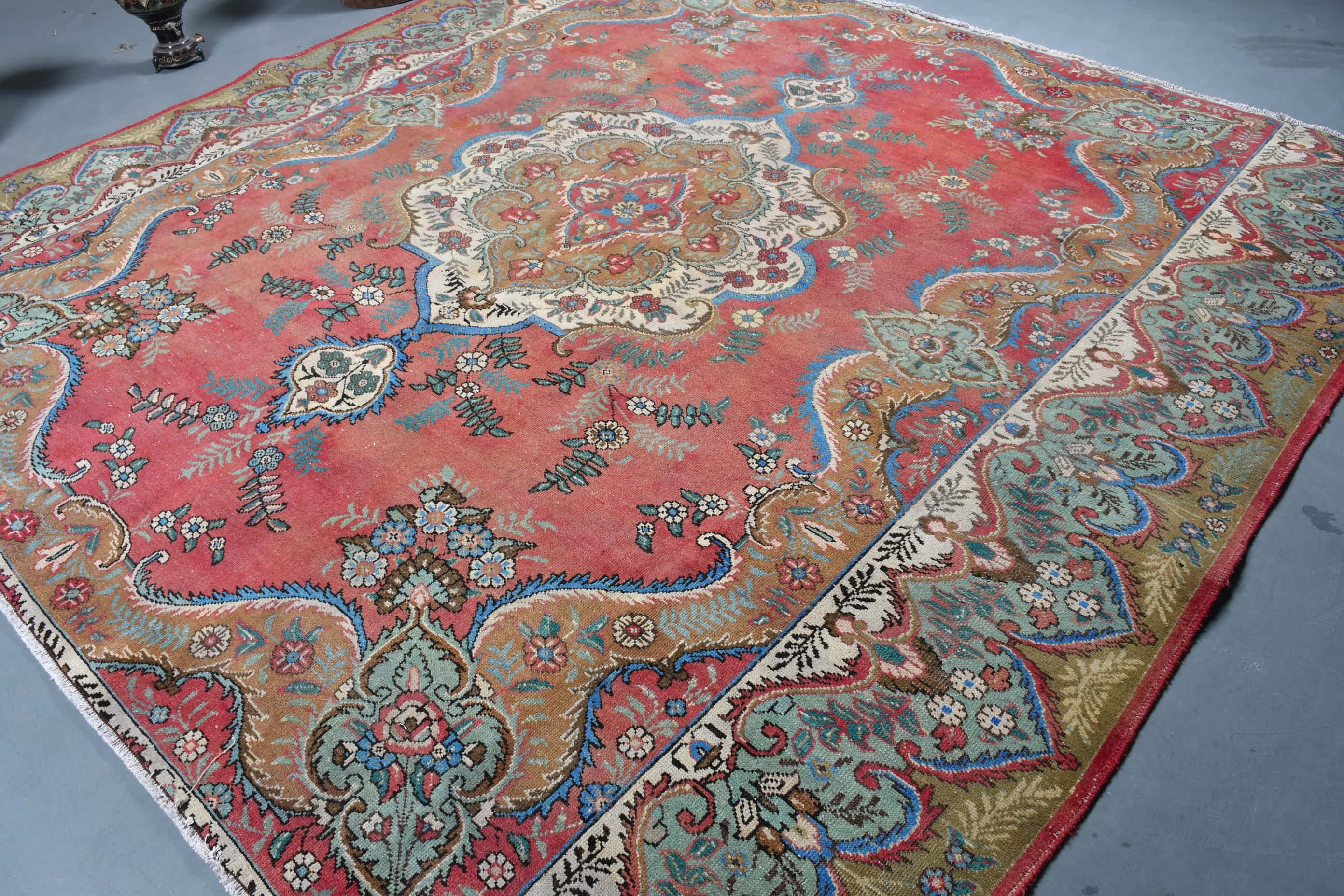 Antique Rugs, Pale Rug, Moroccan Rugs, Red Oushak Rug, Vintage Rugs, 9.9x9.9 ft Oversize Rug, Dining Room Rug, Turkish Rug, Living Room Rug