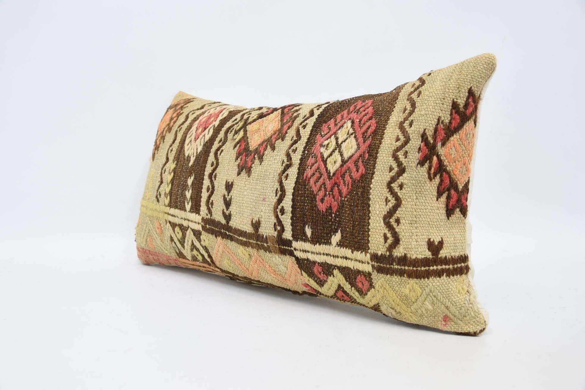 Ethnical Kilim Rug Pillow, Accent Pillow Sham, Interior Designer Pillow, 12"x24" Beige Pillow Cover, Throw Kilim Pillow