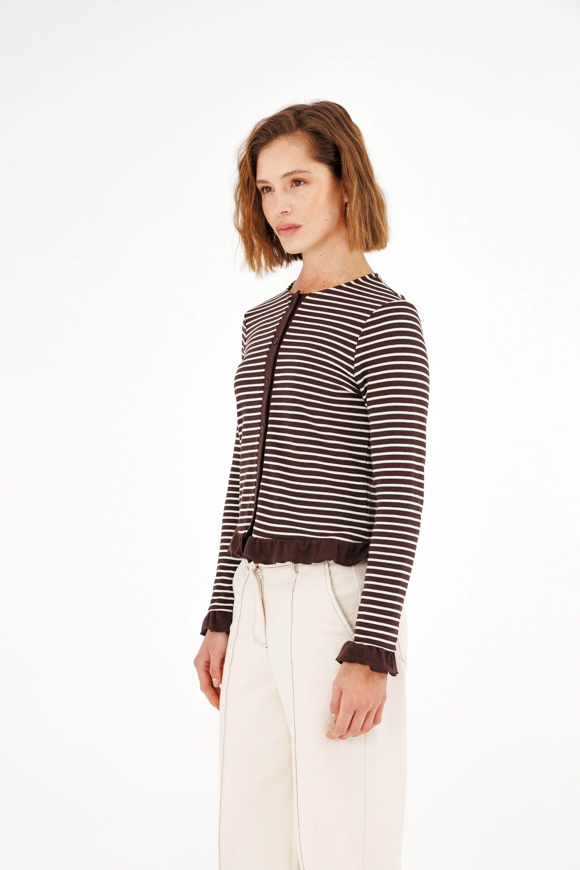 Fırfır Detaylı Çizgili Hırka