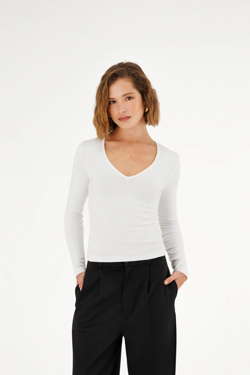 V Yaka Basic Bluz - Beyaz