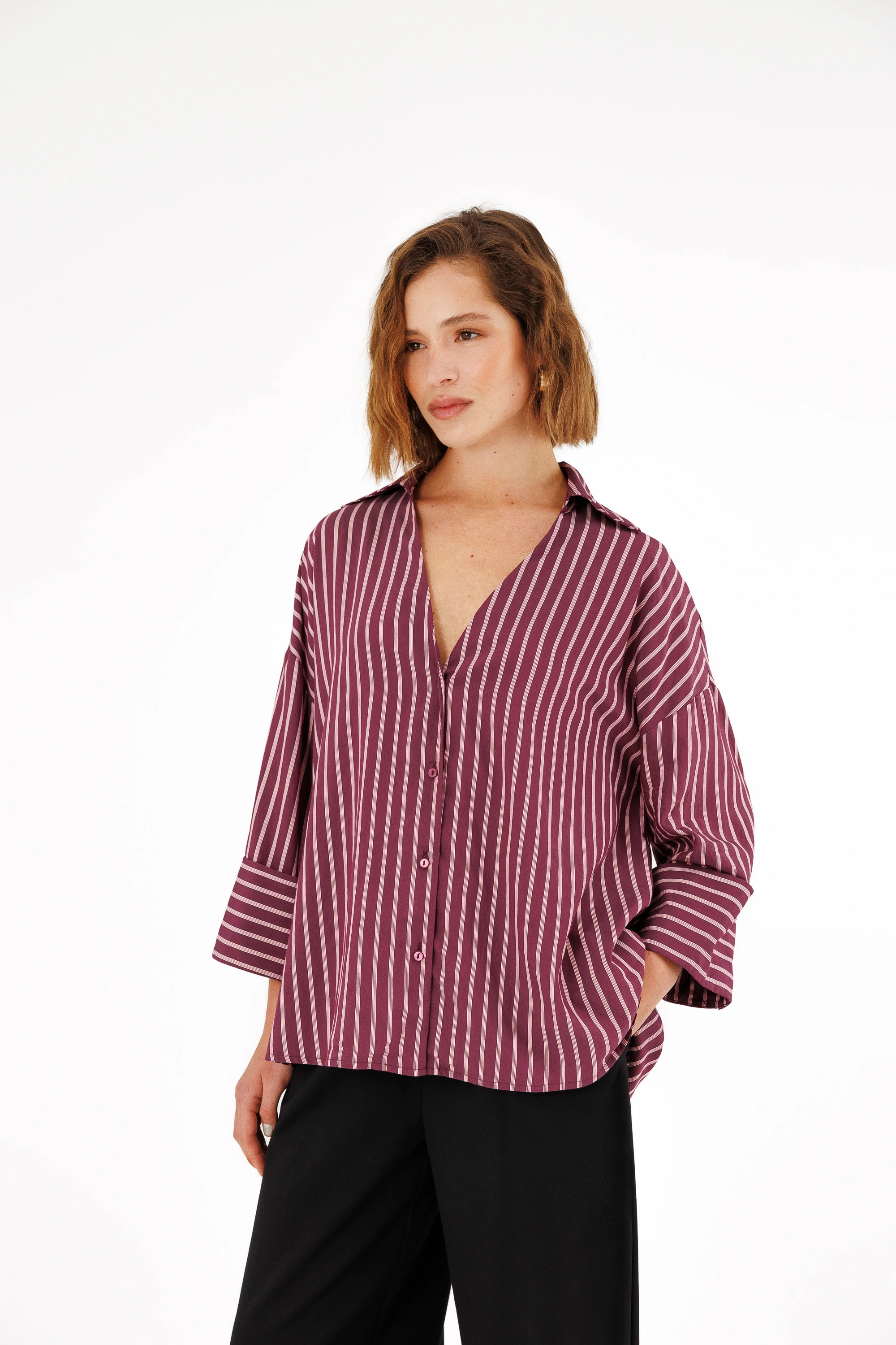 Geniş Kollu V Yaka Gömlek - Bordo Çizgili