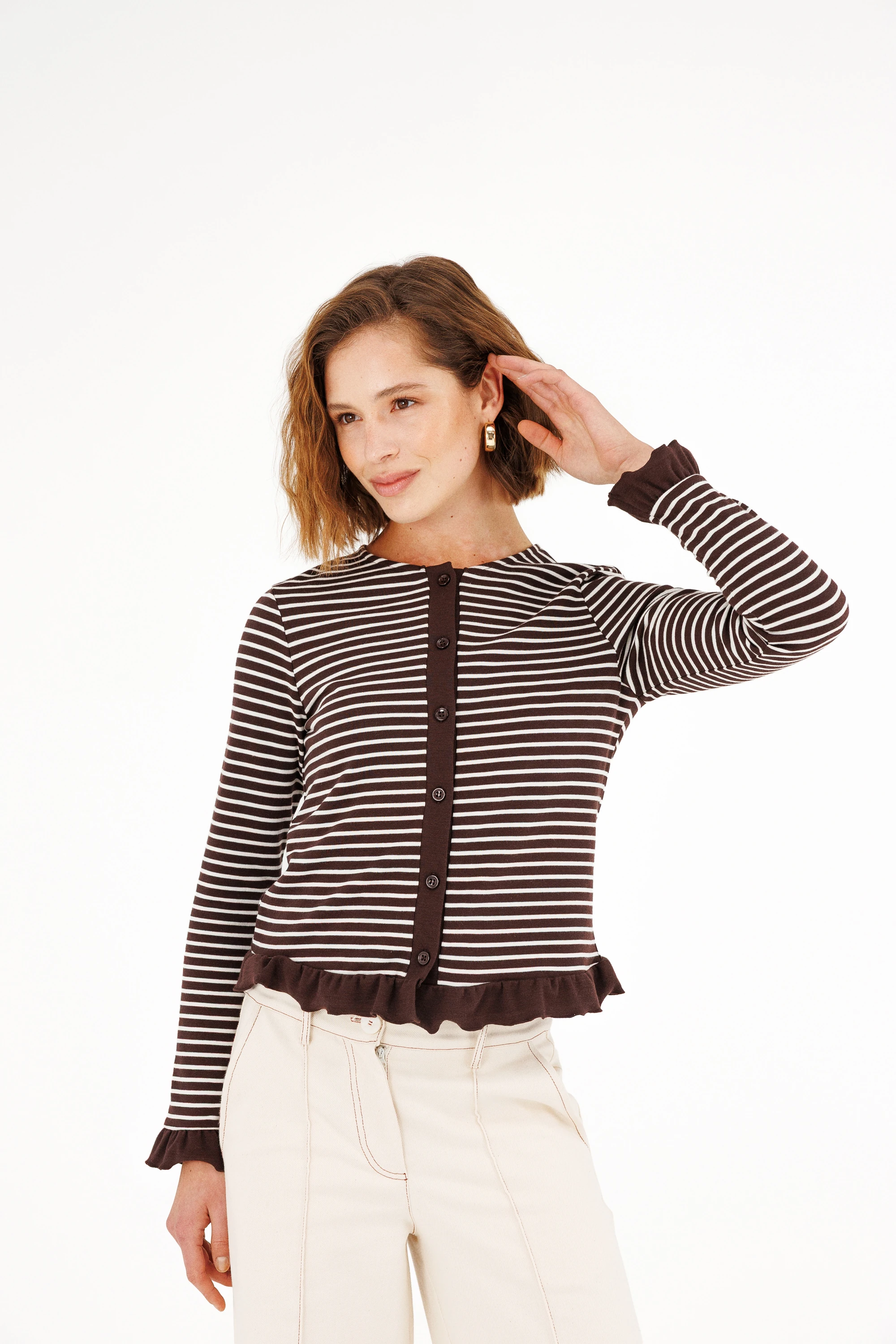 Fırfır Detaylı Çizgili Hırka