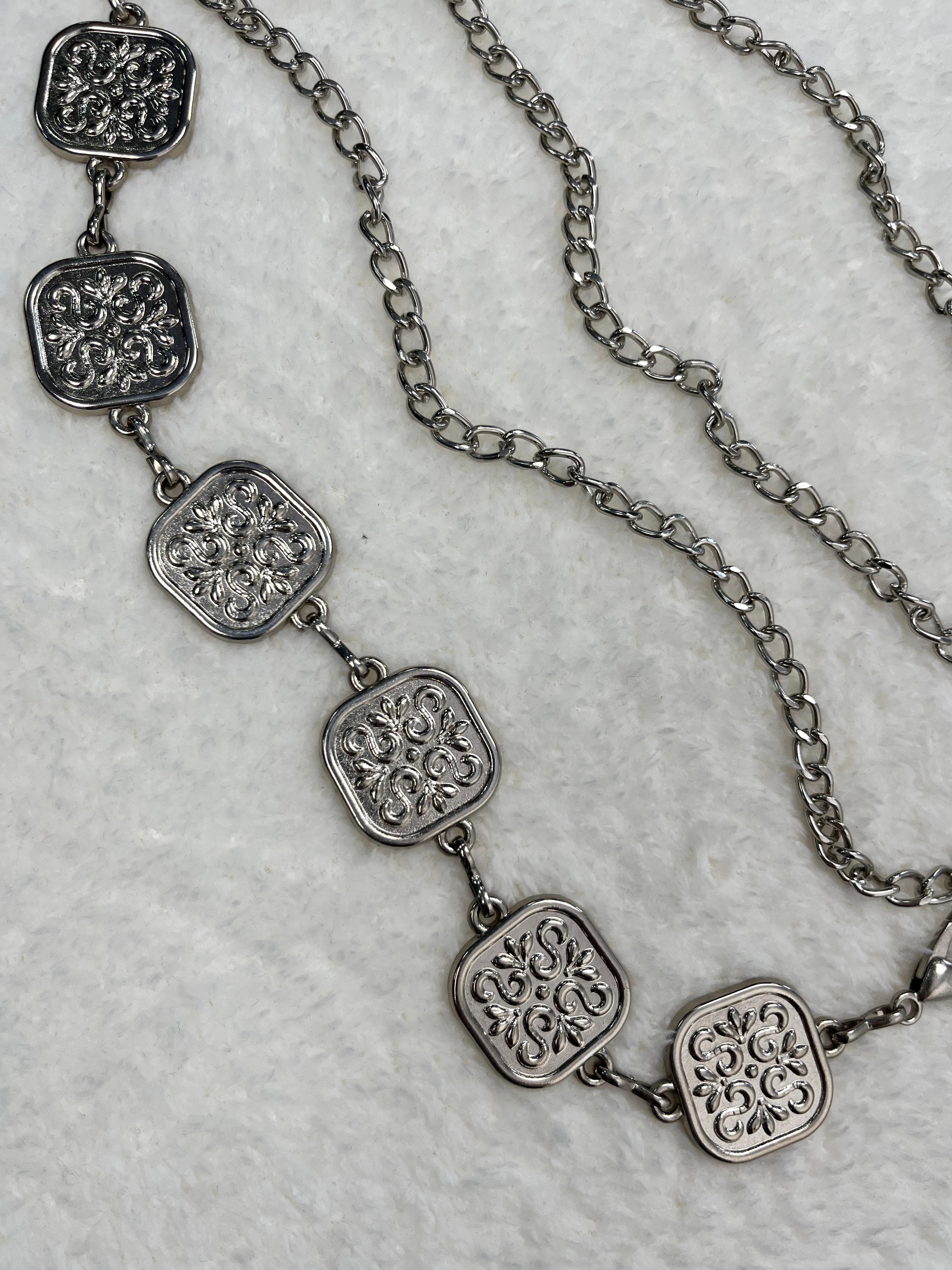 Vintage Desenli Kare Halkalı Gümüş Zincir Kemer