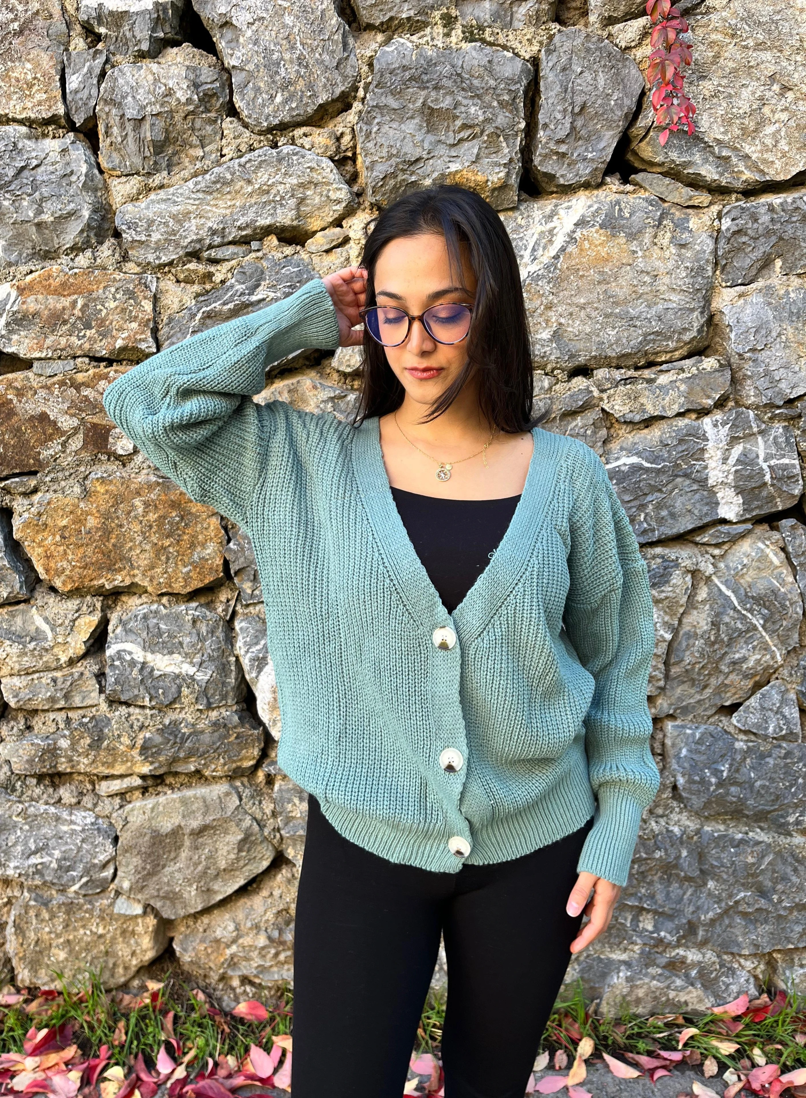 Düğmeli Örgü Kadın Hırka - MİNT YEŞİLİ