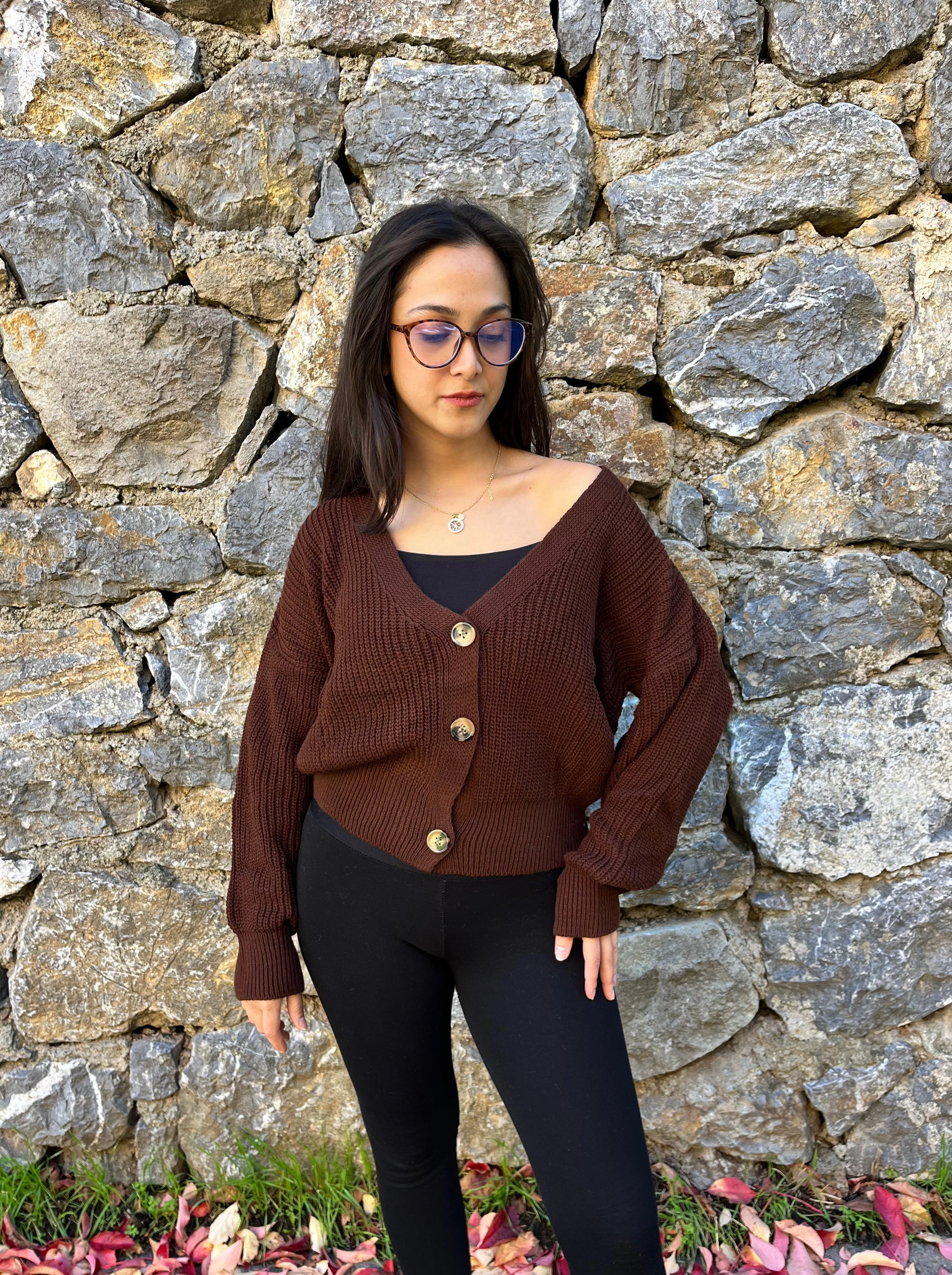 Düğmeli Örgü Kadın Hırka - KAHVERENGİ