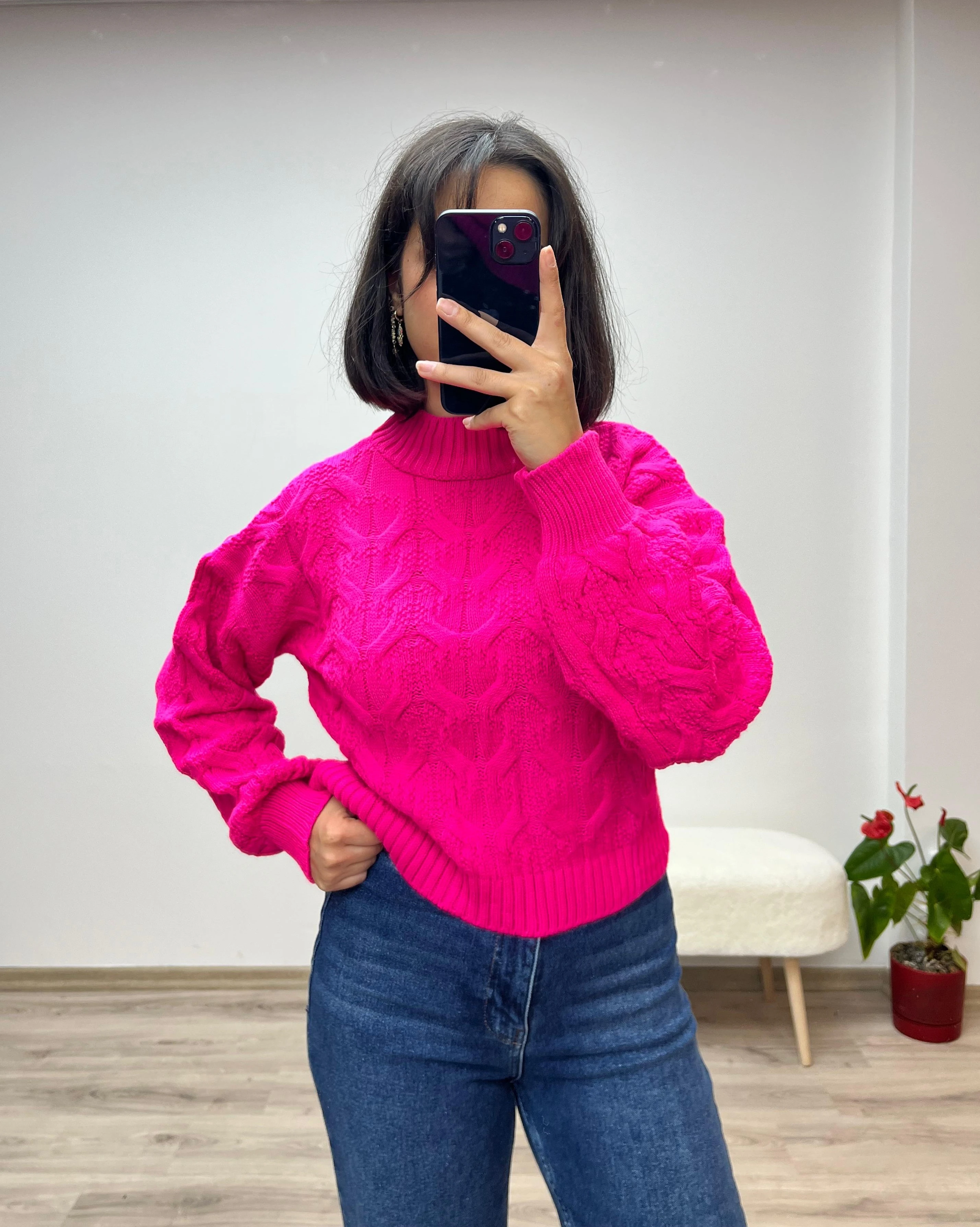 Kabartma Desenli Balıkçı Yaka Triko Kazak - FUŞYA