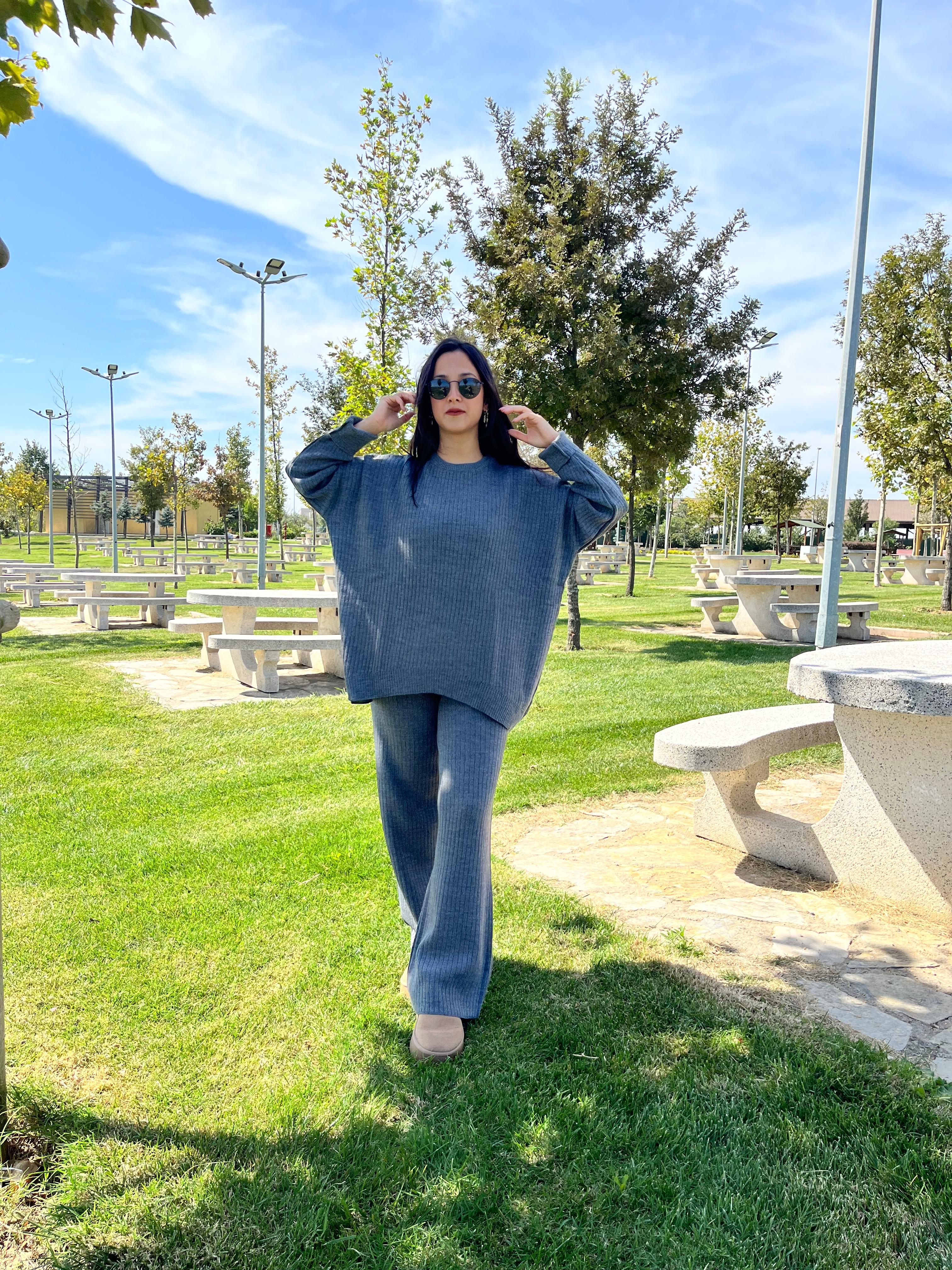 Bisiklet Yaka Oversize Triko Takım - FÜME
