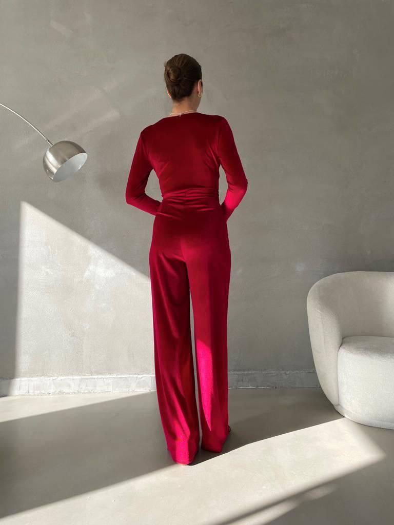 Bordo Kadife V Yaka Kuşaklı Tulum
