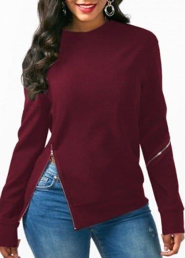 Fermuar Detaylı Asimetrik Sweatshirt - BORDO