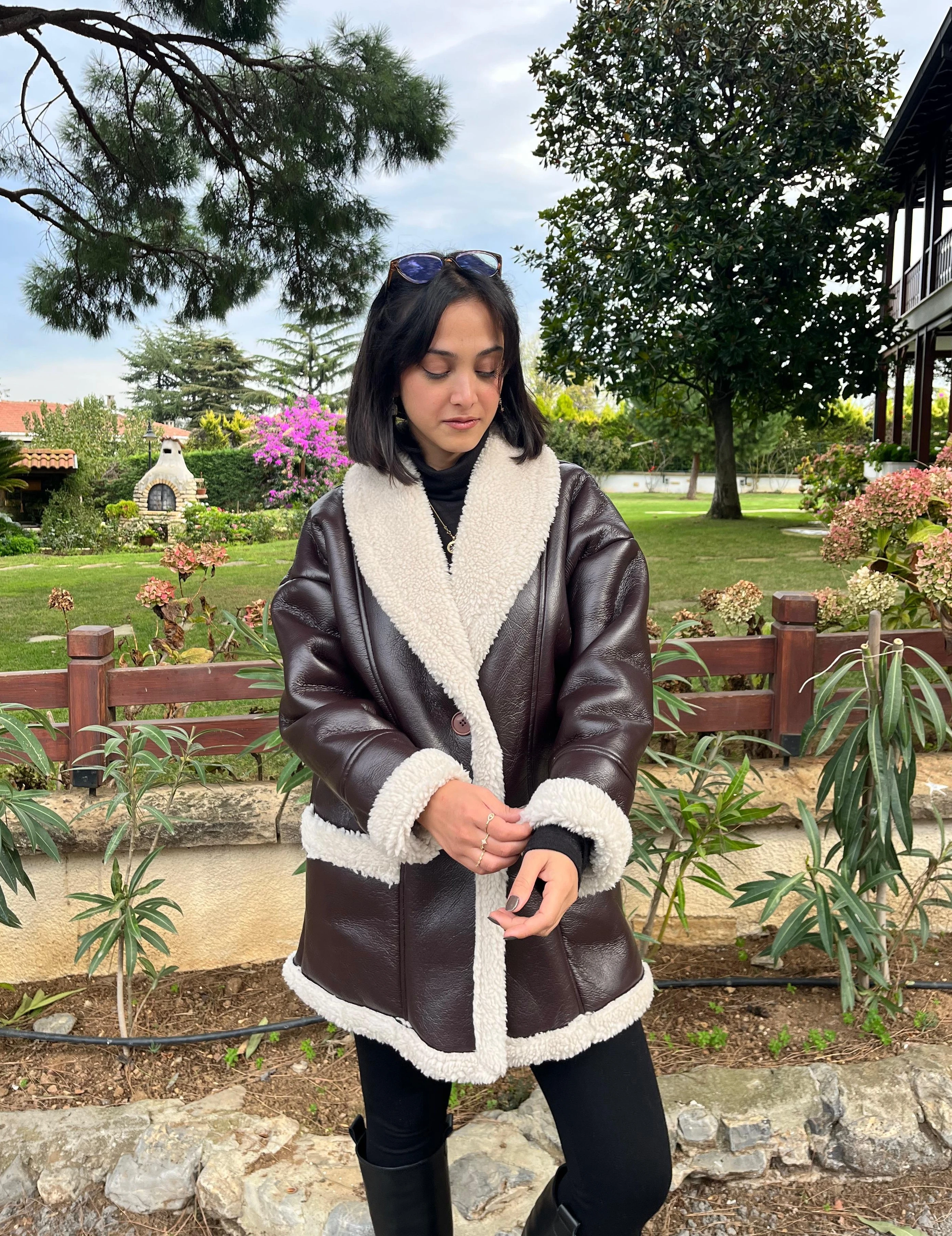 Kahve İçi Kürklü Deri Kaban