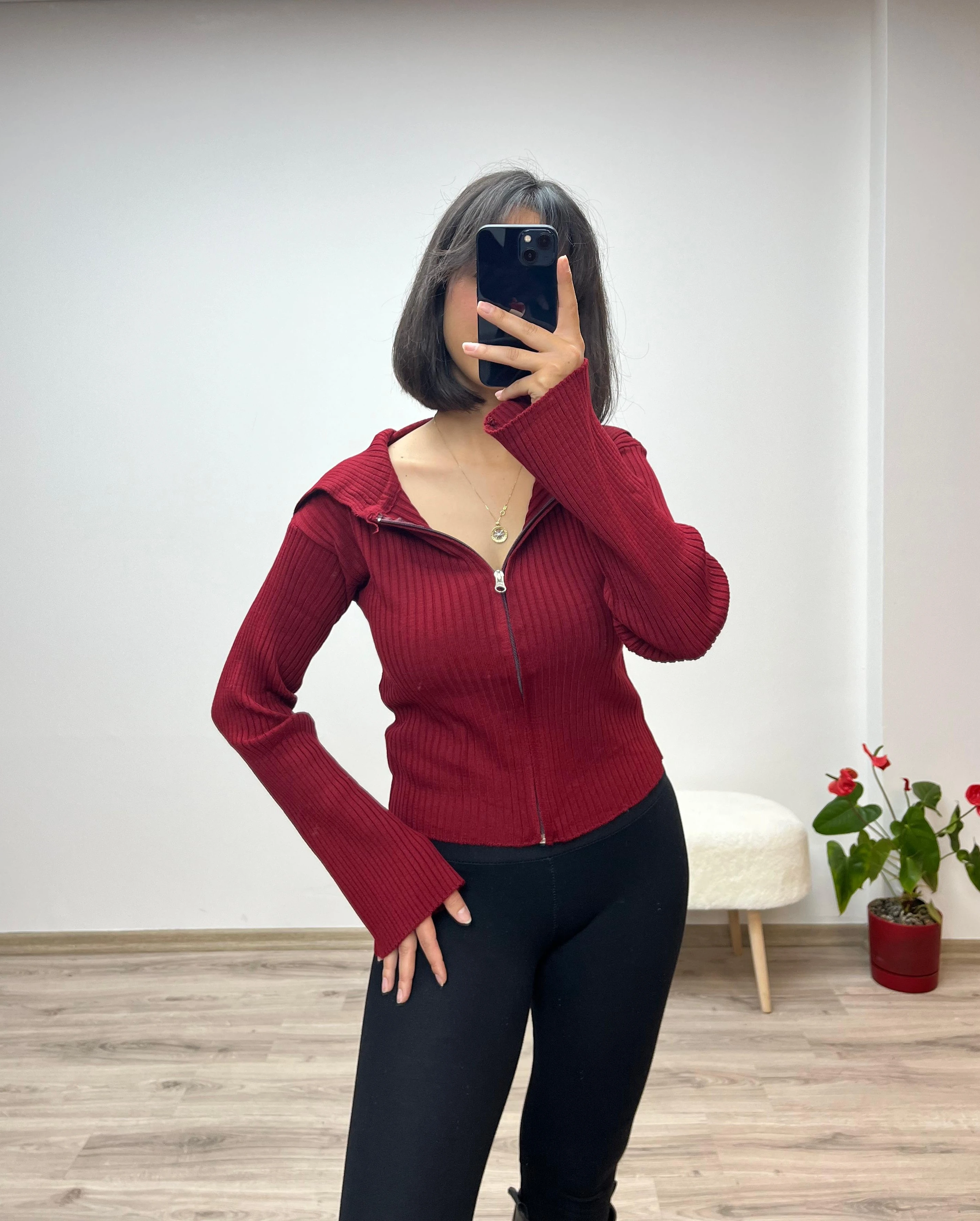 Fermuarlı Fit Triko Hırka - BORDO