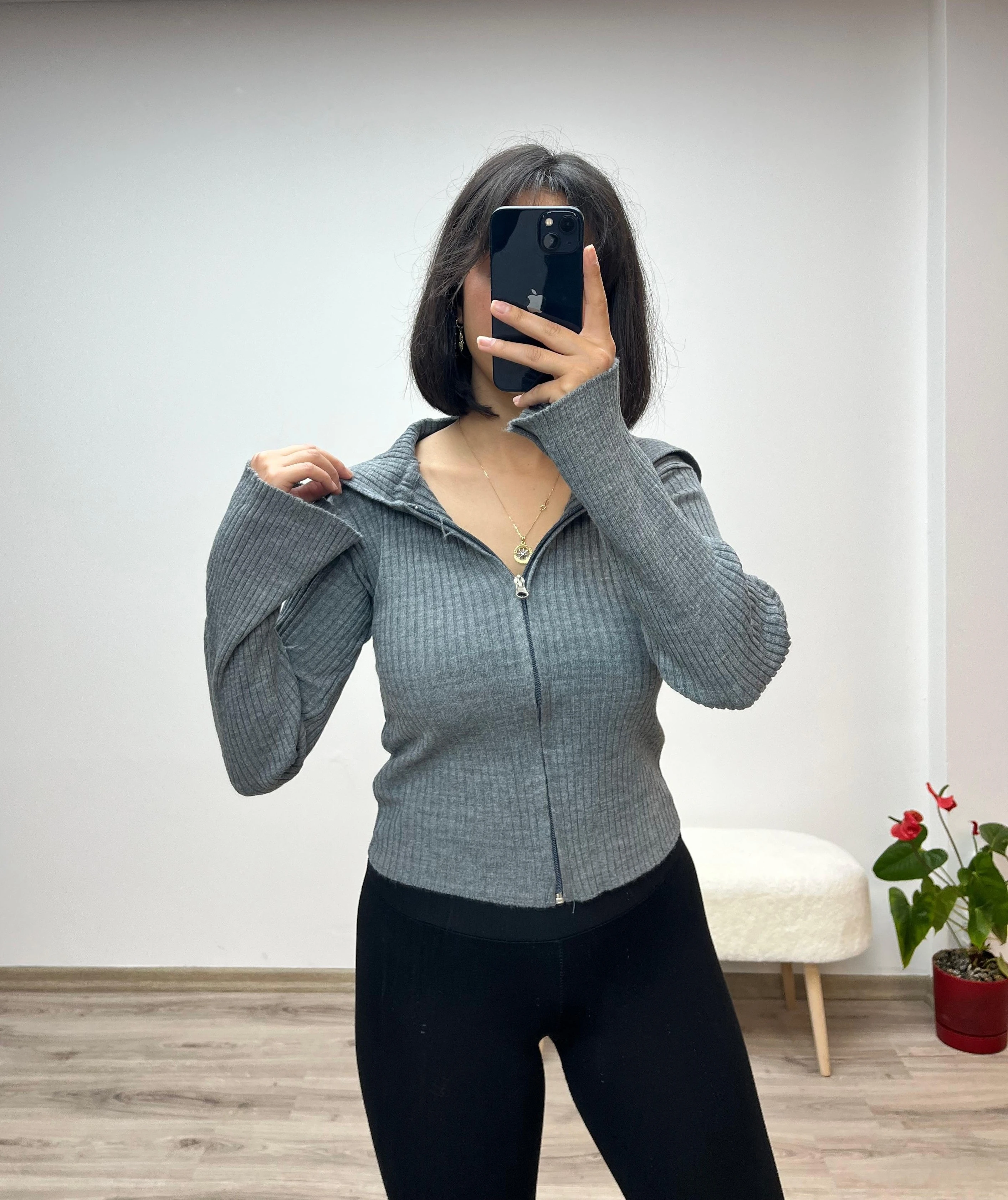 Fermuarlı Fit Triko Hırka - GRİ