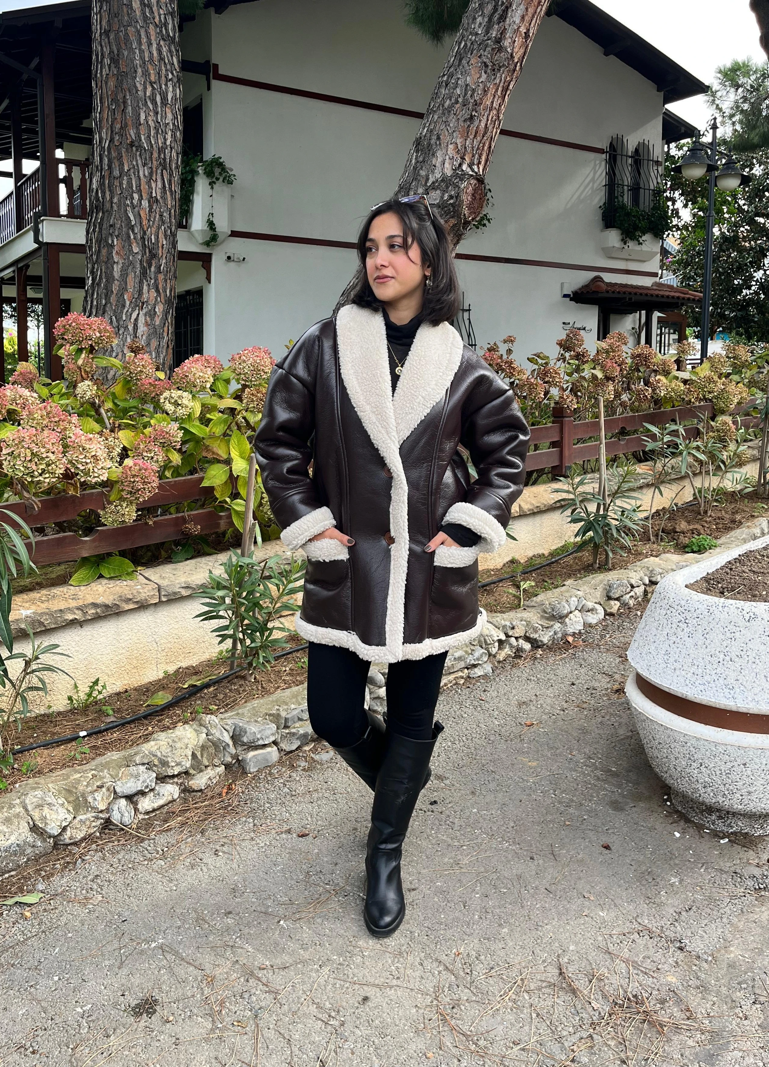 Kahve İçi Kürklü Deri Kaban