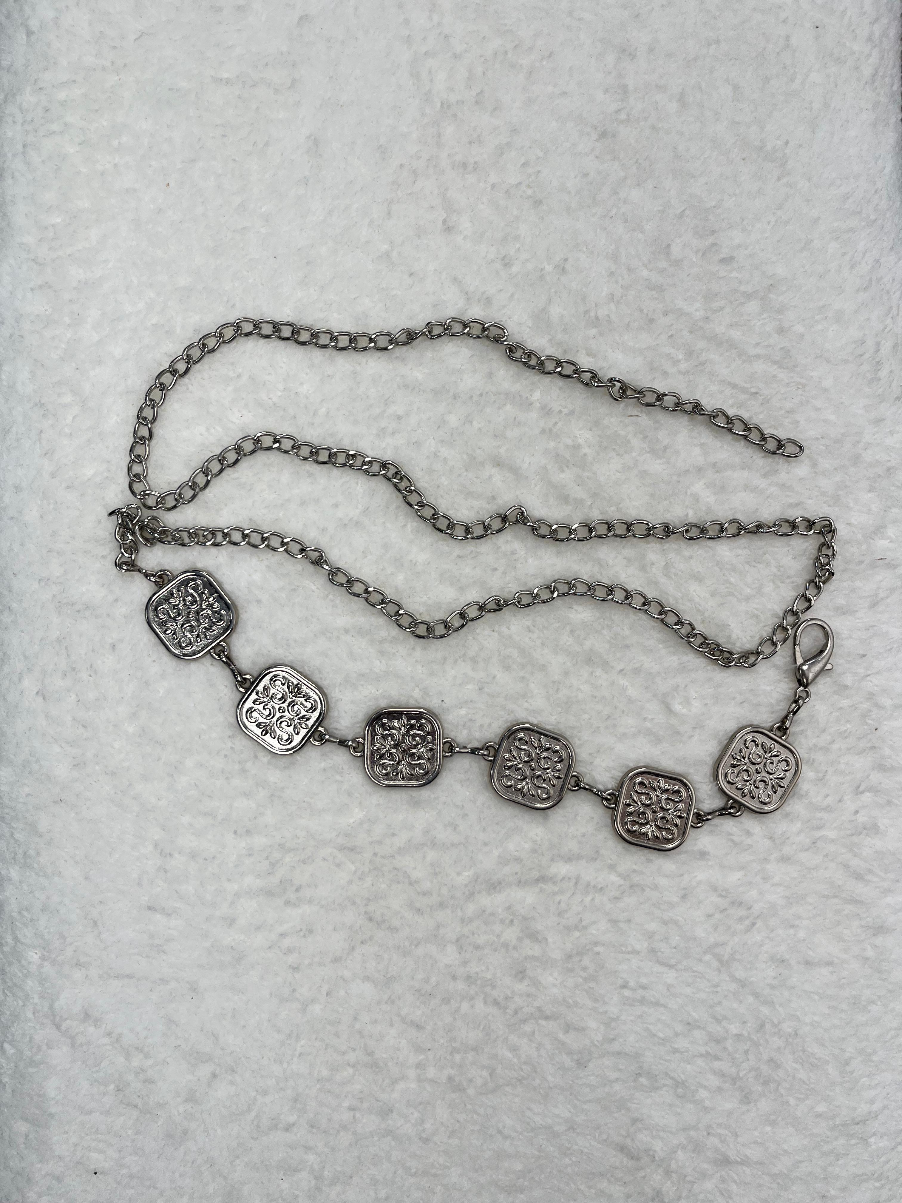 Vintage Desenli Kare Halkalı Gümüş Zincir Kemer