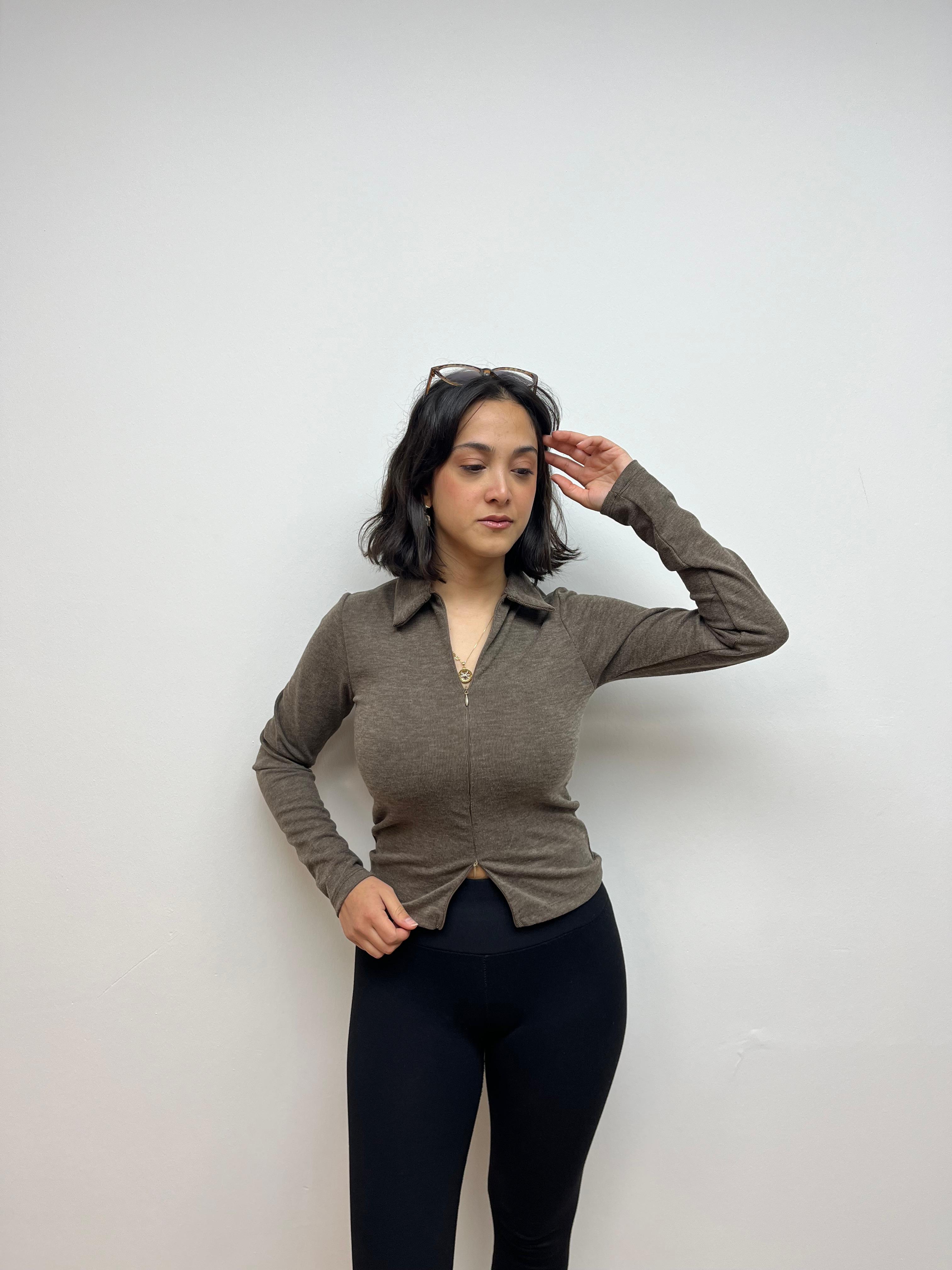 Fermuarlı Uzun Kollu Bluz - KAHVERENGİ