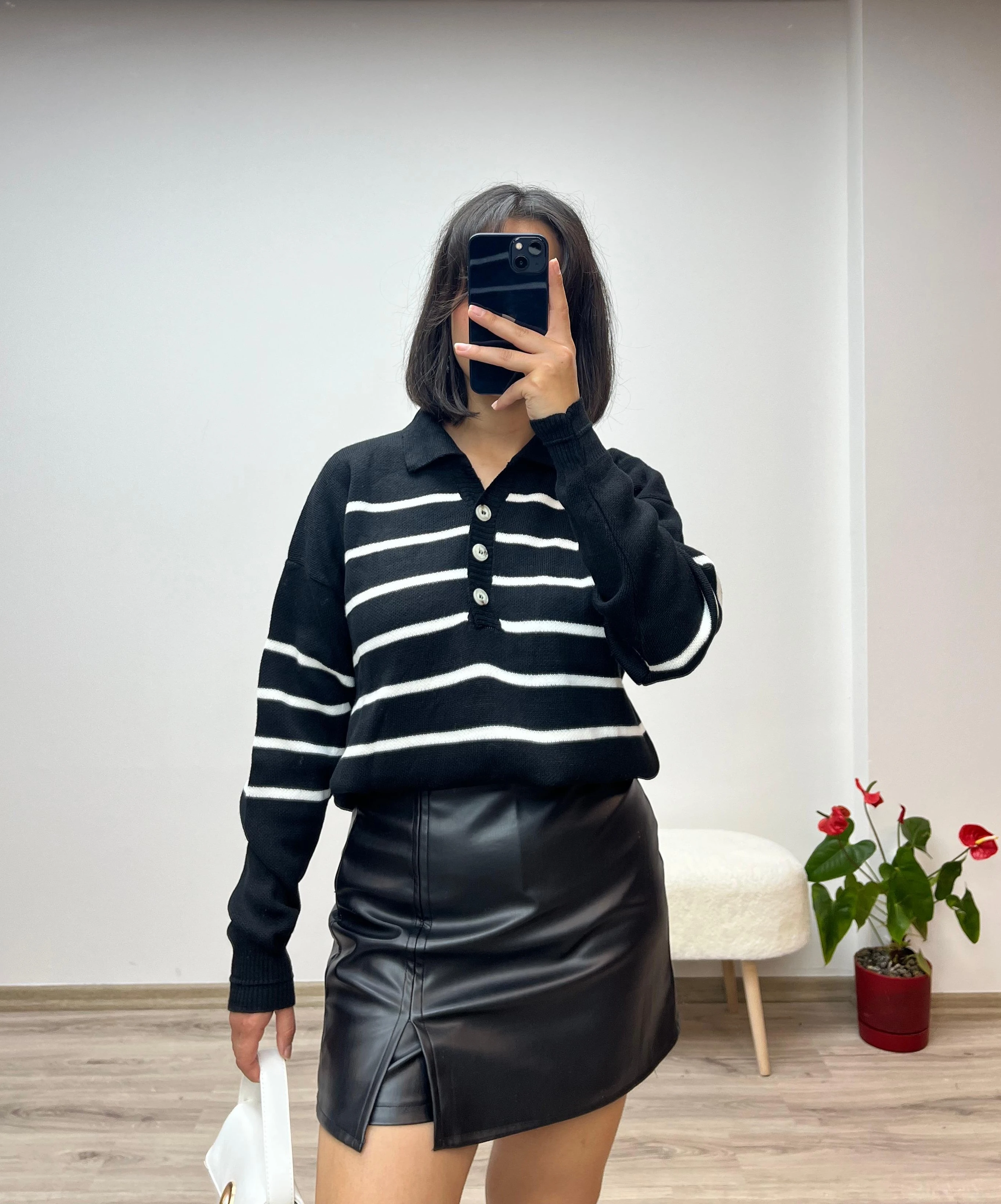 Polo Yaka Basic Çizgili Kazak