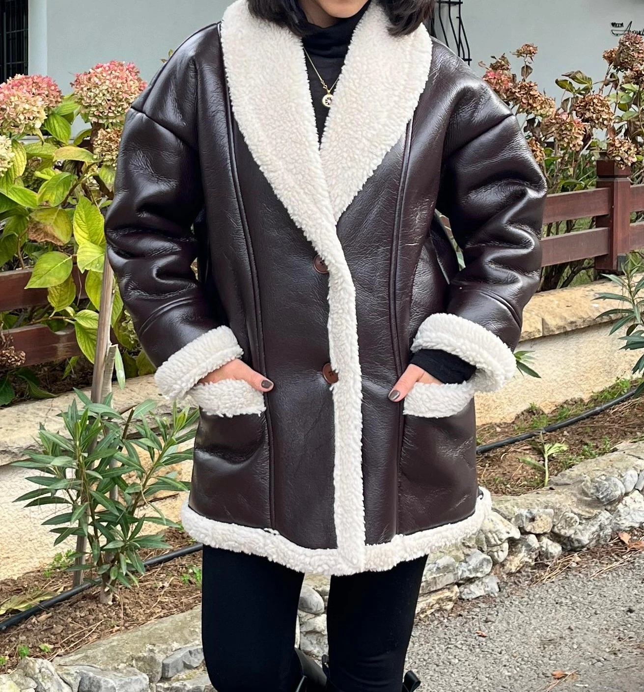 Kahve İçi Kürklü Deri Kaban