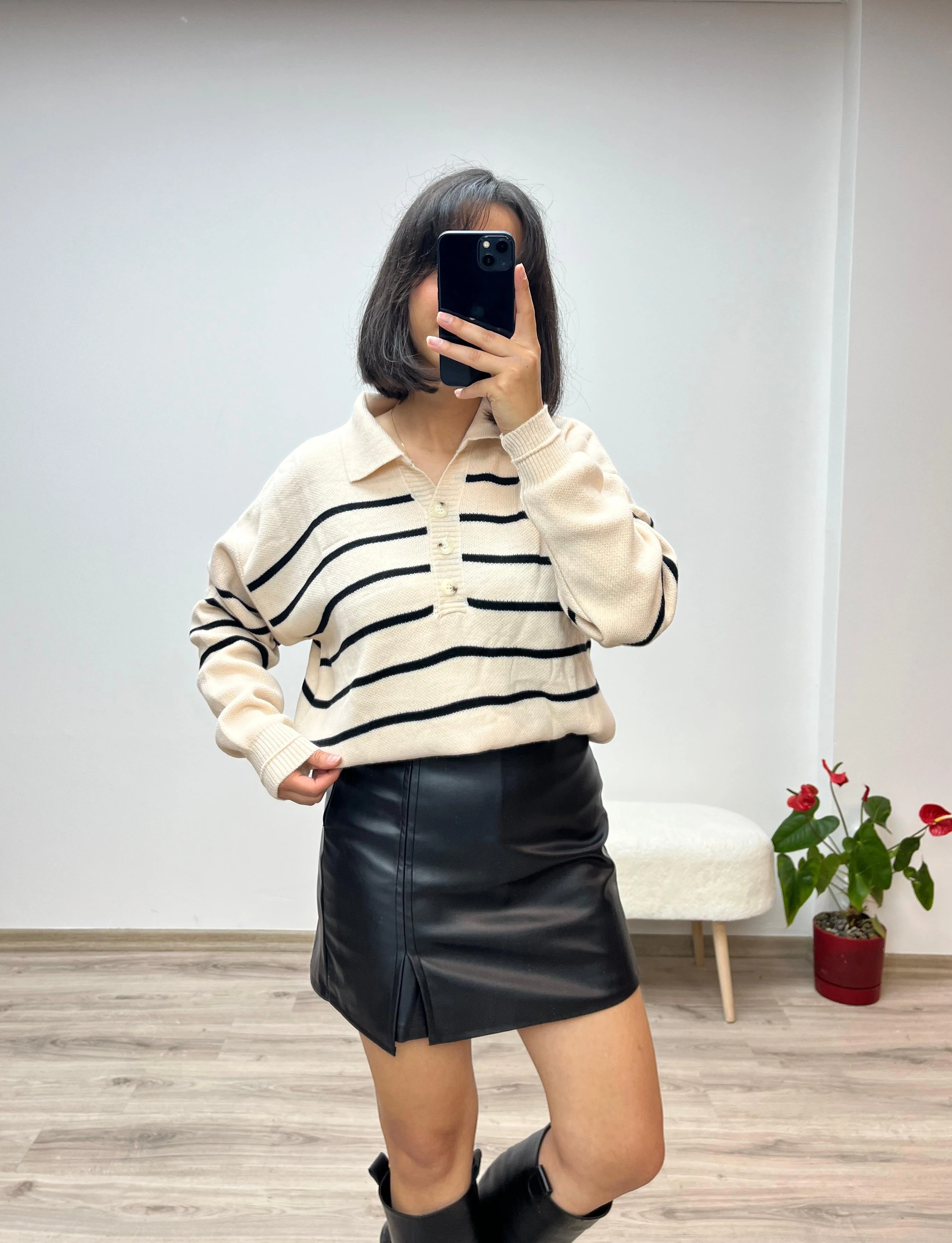 Polo Yaka Basic Çizgili Kazak - KREM