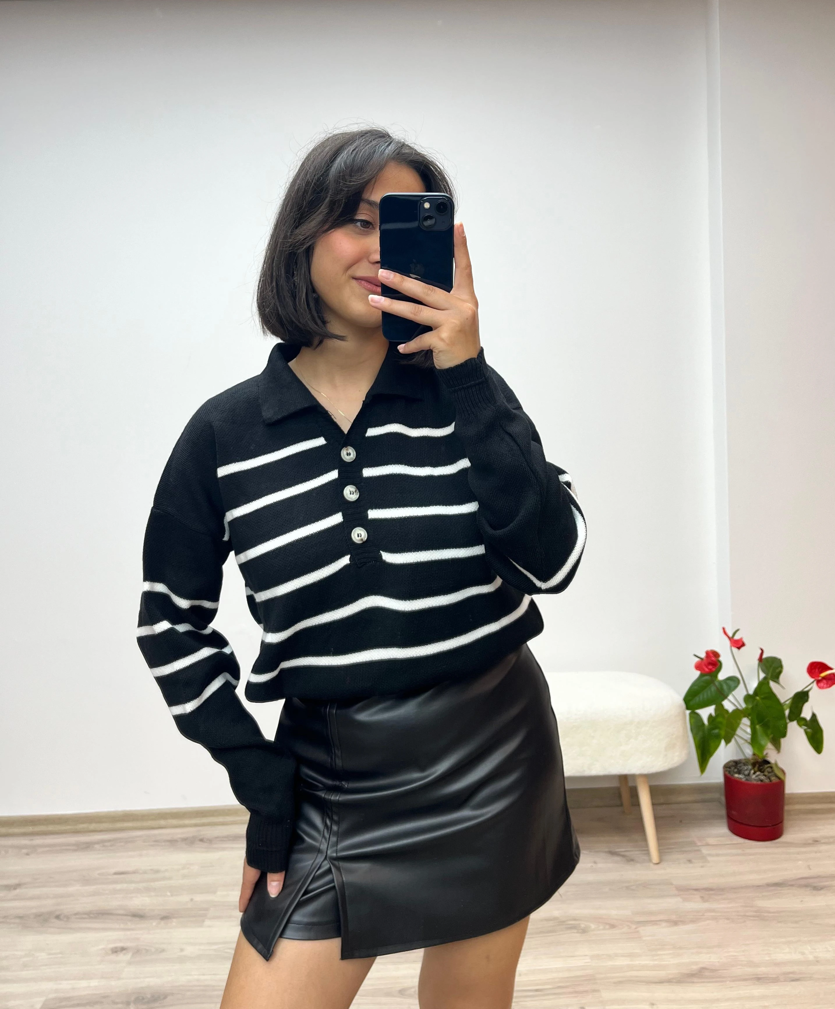 Polo Yaka Basic Çizgili Kazak