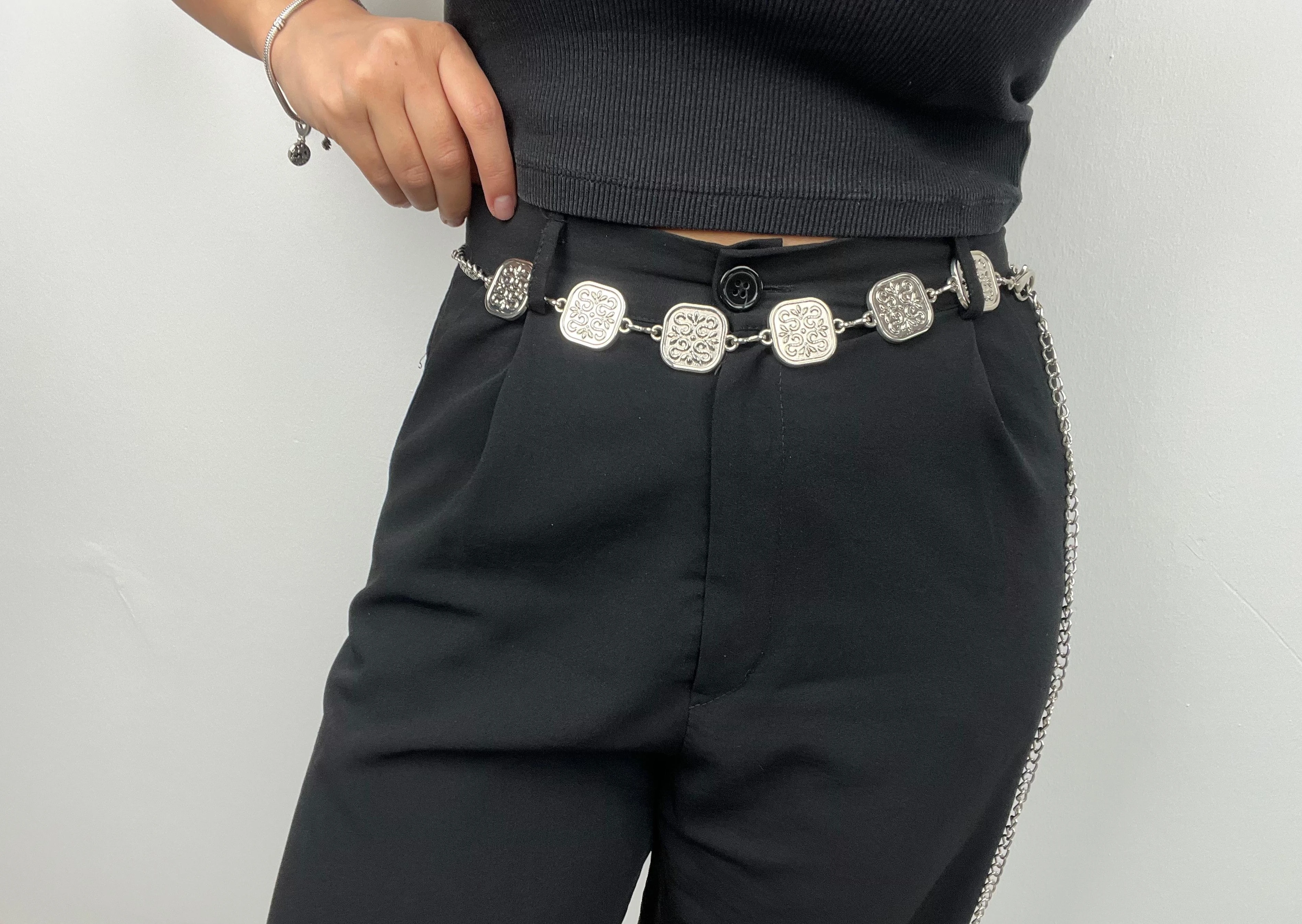 Vintage Desenli Kare Halkalı Gümüş Zincir Kemer