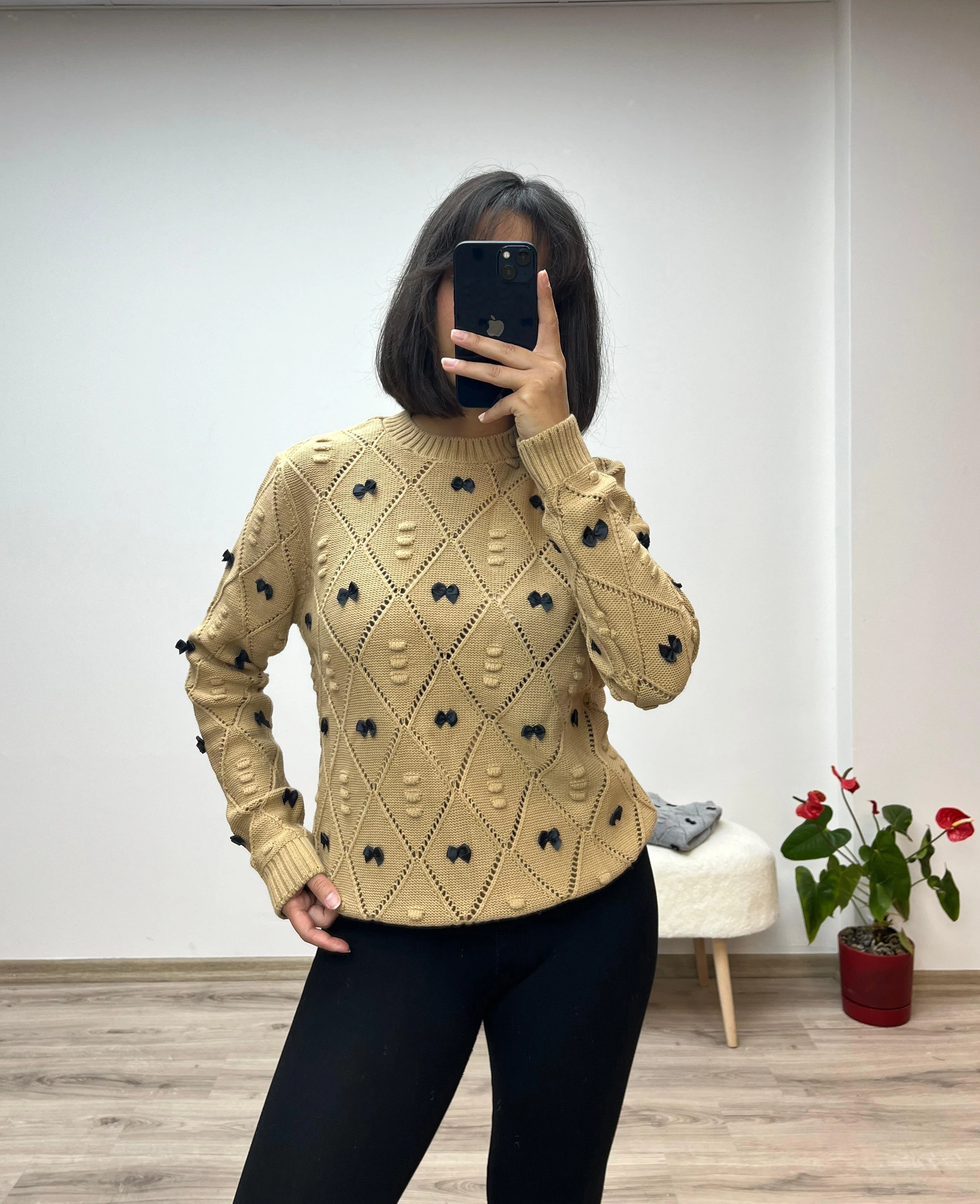 Mini Fiyonk Detaylı Triko Kazak - CAMEL