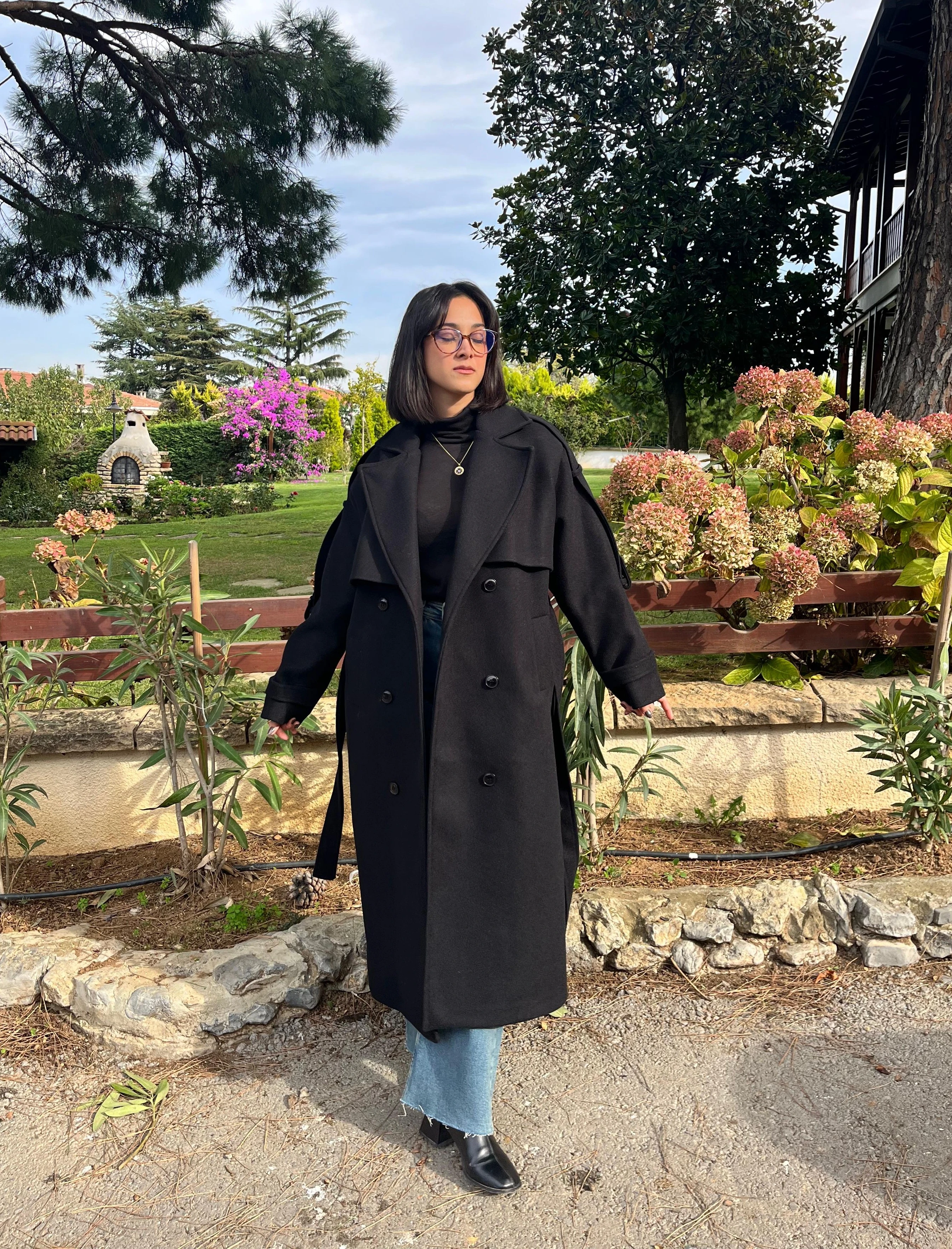 Premium Kaşe Kemerli Uzun Kaban - SİYAH