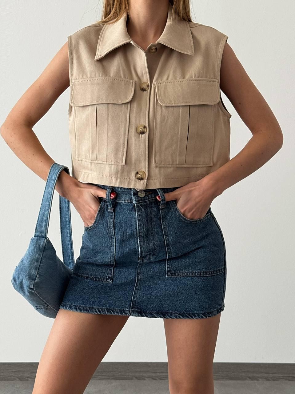 Cepli Crop Yelek - BEJ