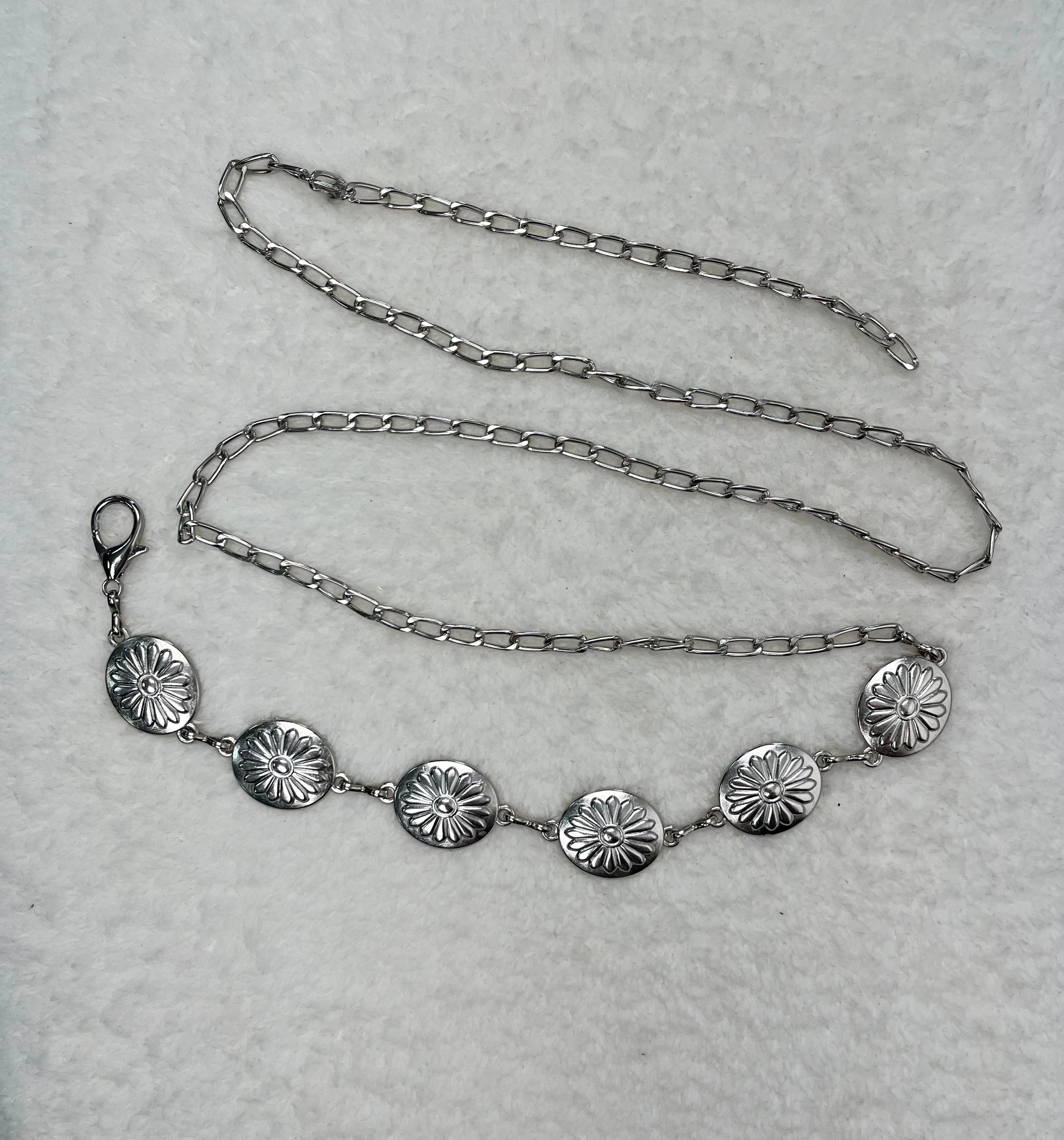 Vintage Gümüş Çiçek Halkalı Zincir Kemer