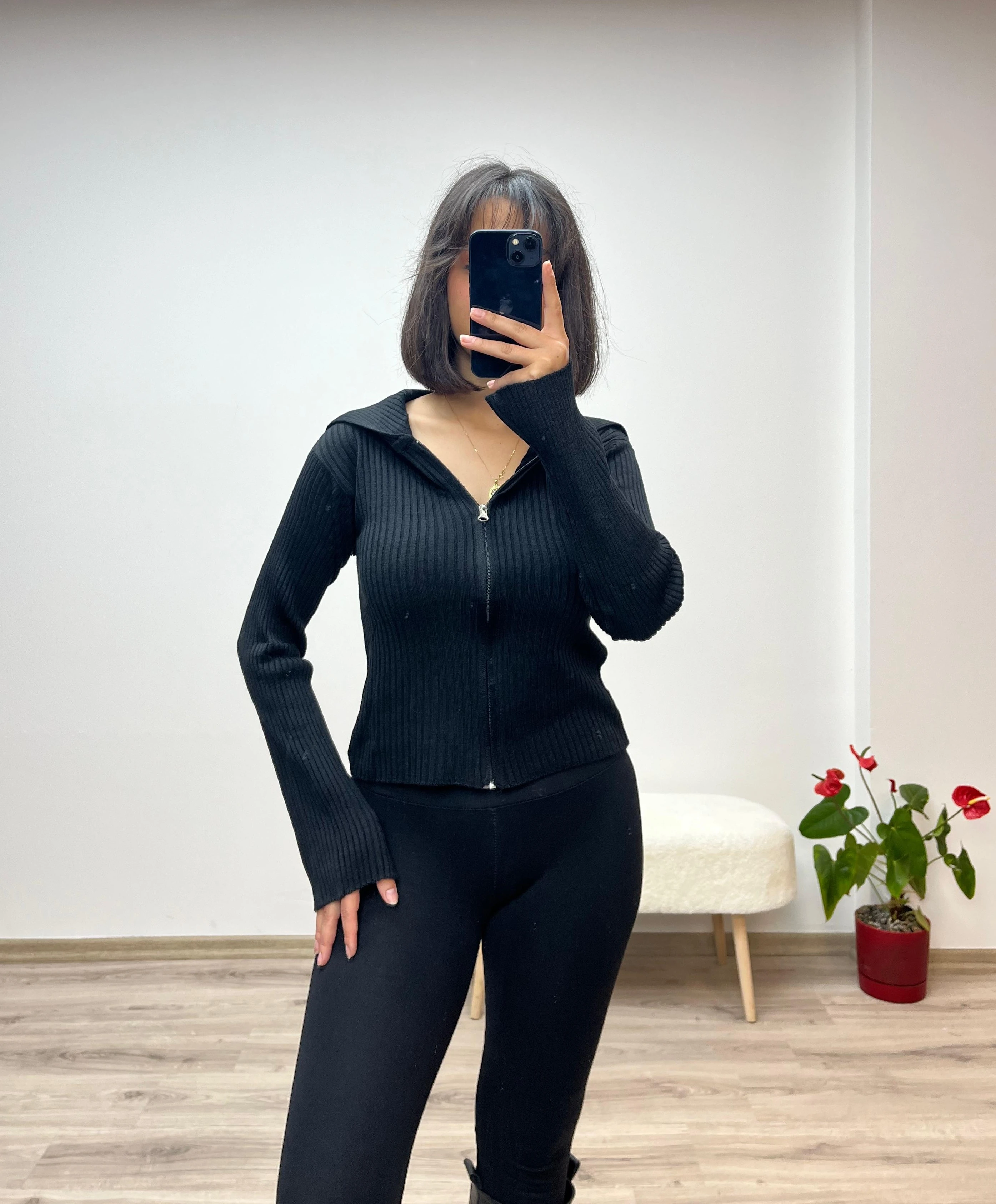 Fermuarlı Fit Triko Hırka - SİYAH