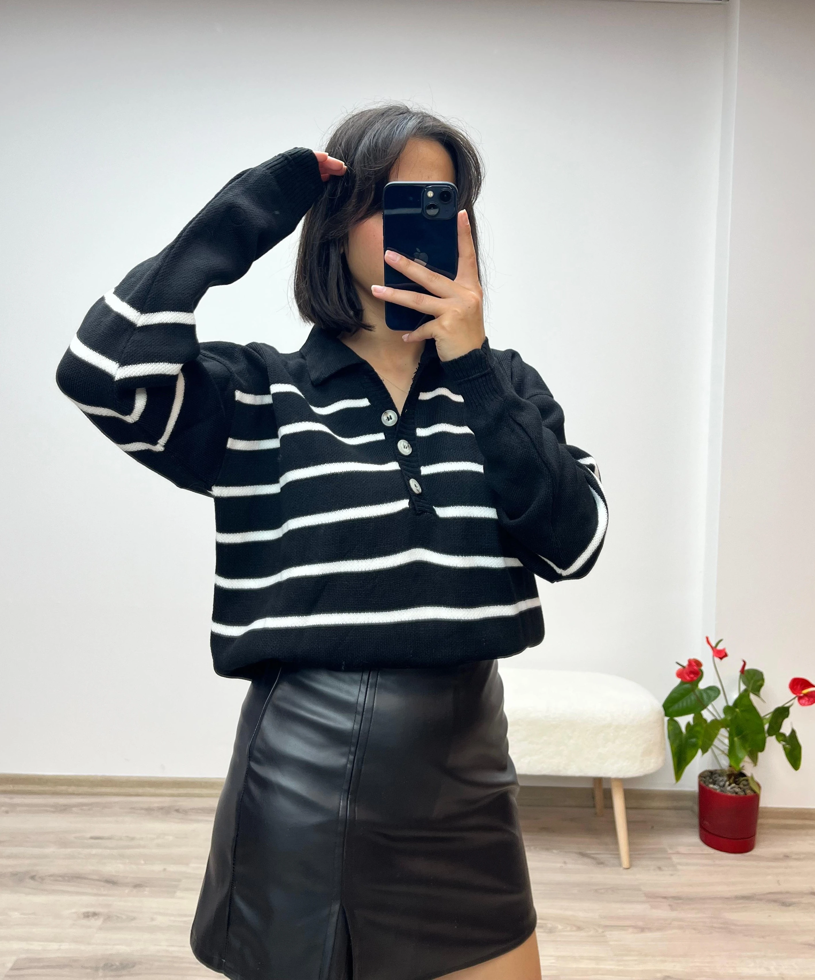 Polo Yaka Basic Çizgili Kazak