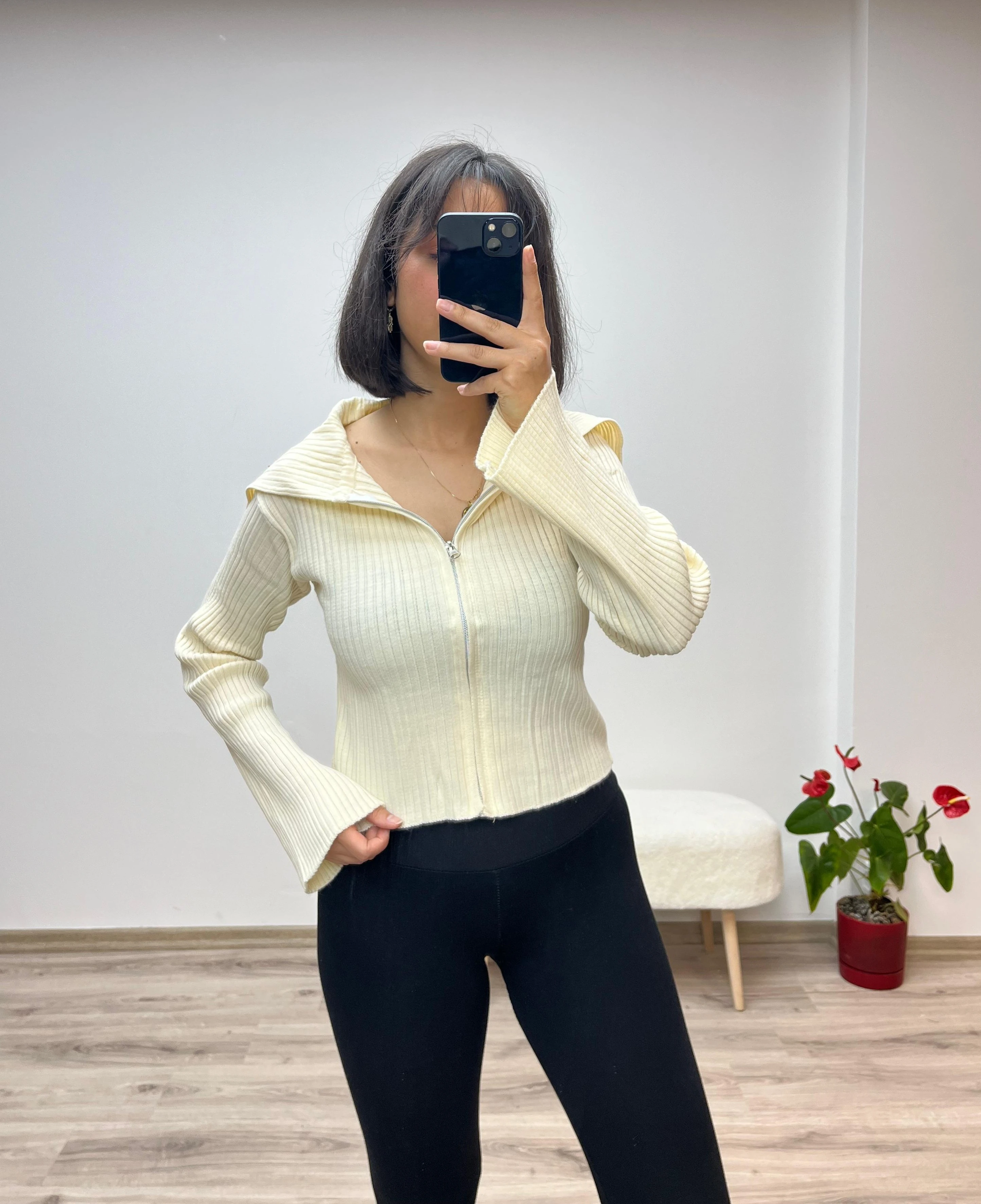 Fermuarlı Fit Triko Hırka - EKRU