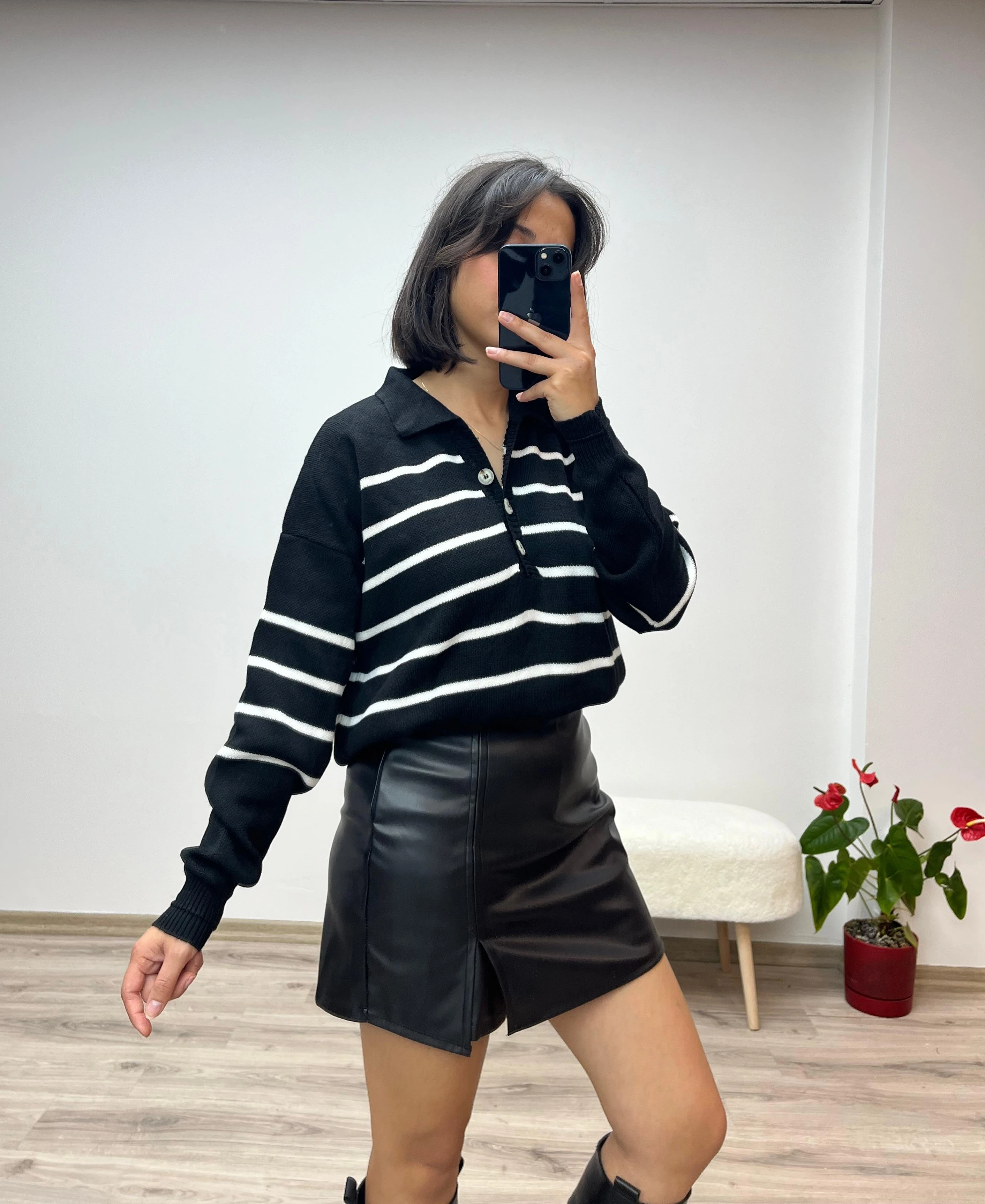 Polo Yaka Basic Çizgili Kazak