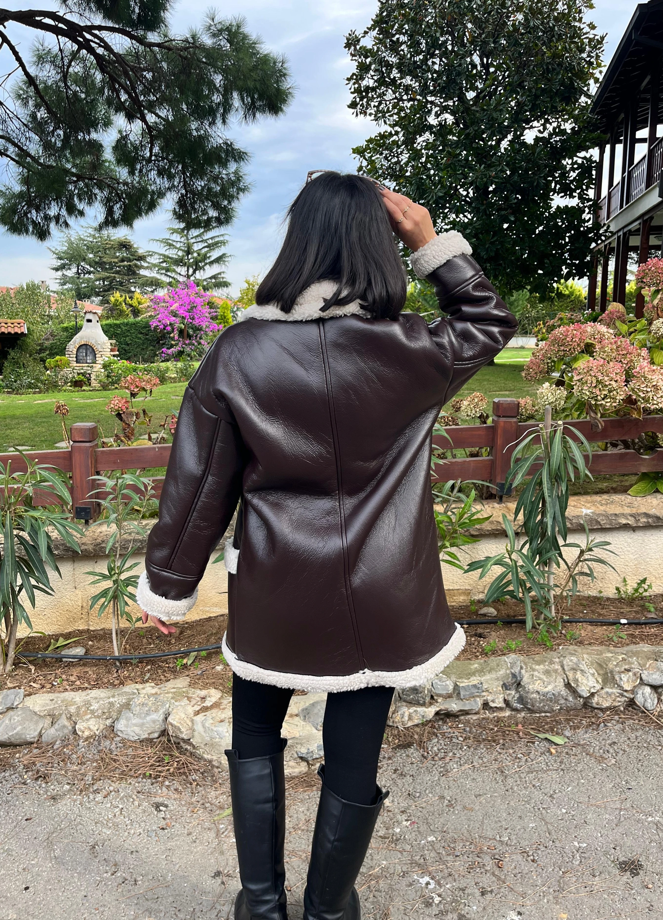 Kahve İçi Kürklü Deri Kaban