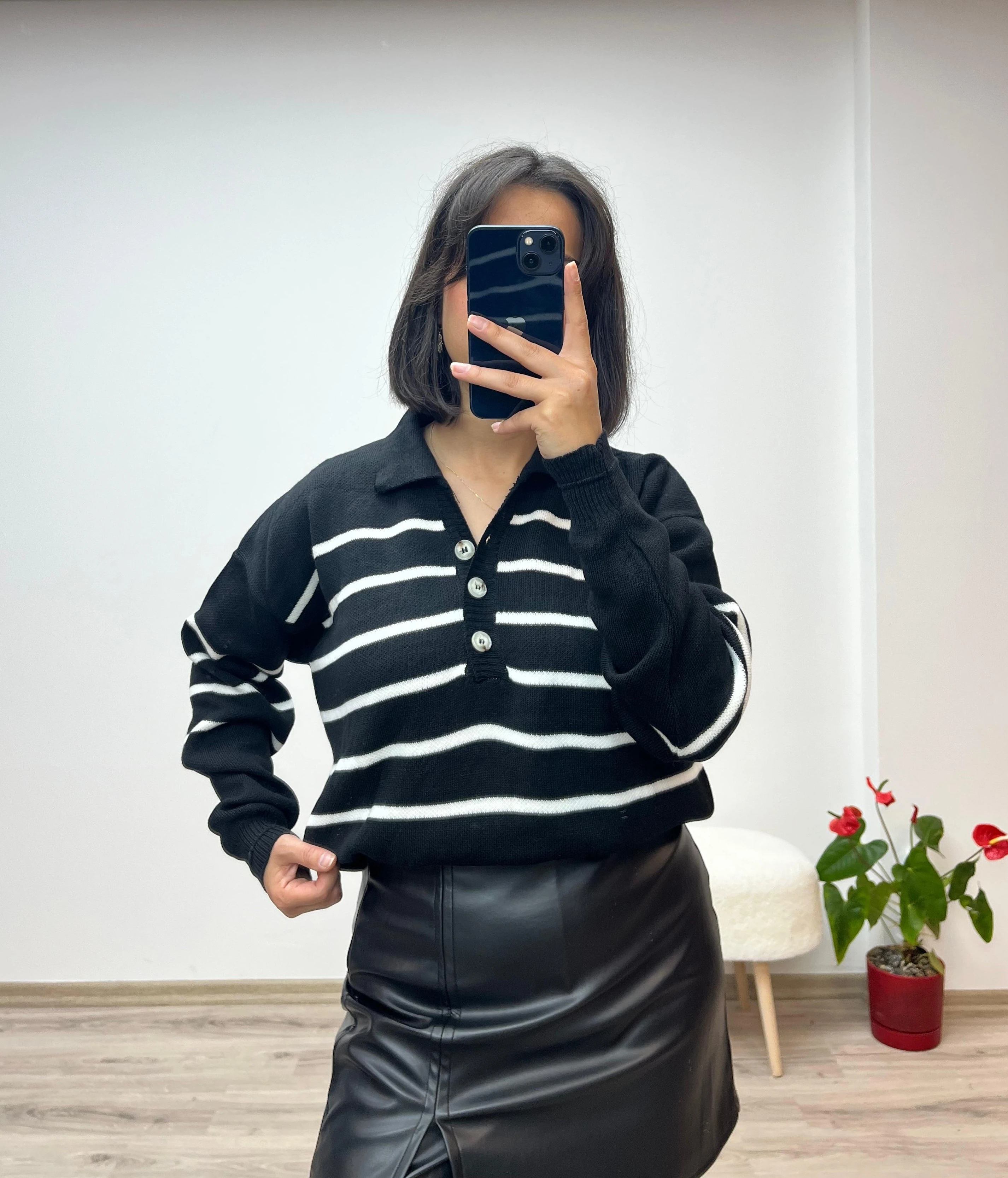 Polo Yaka Basic Çizgili Kazak - SİYAH