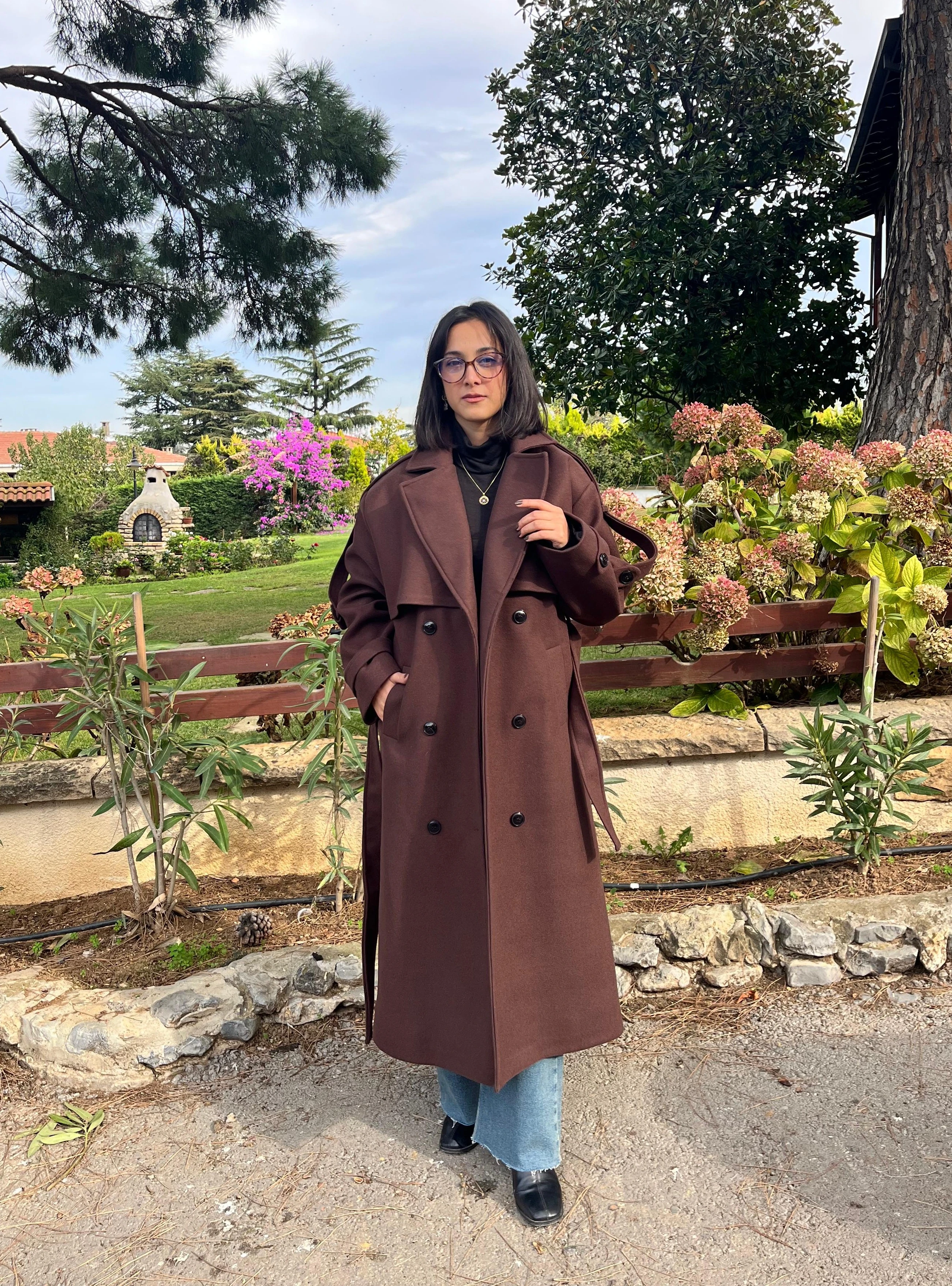 Premium Kaşe Kemerli Uzun Kaban - KAHVERENGİ