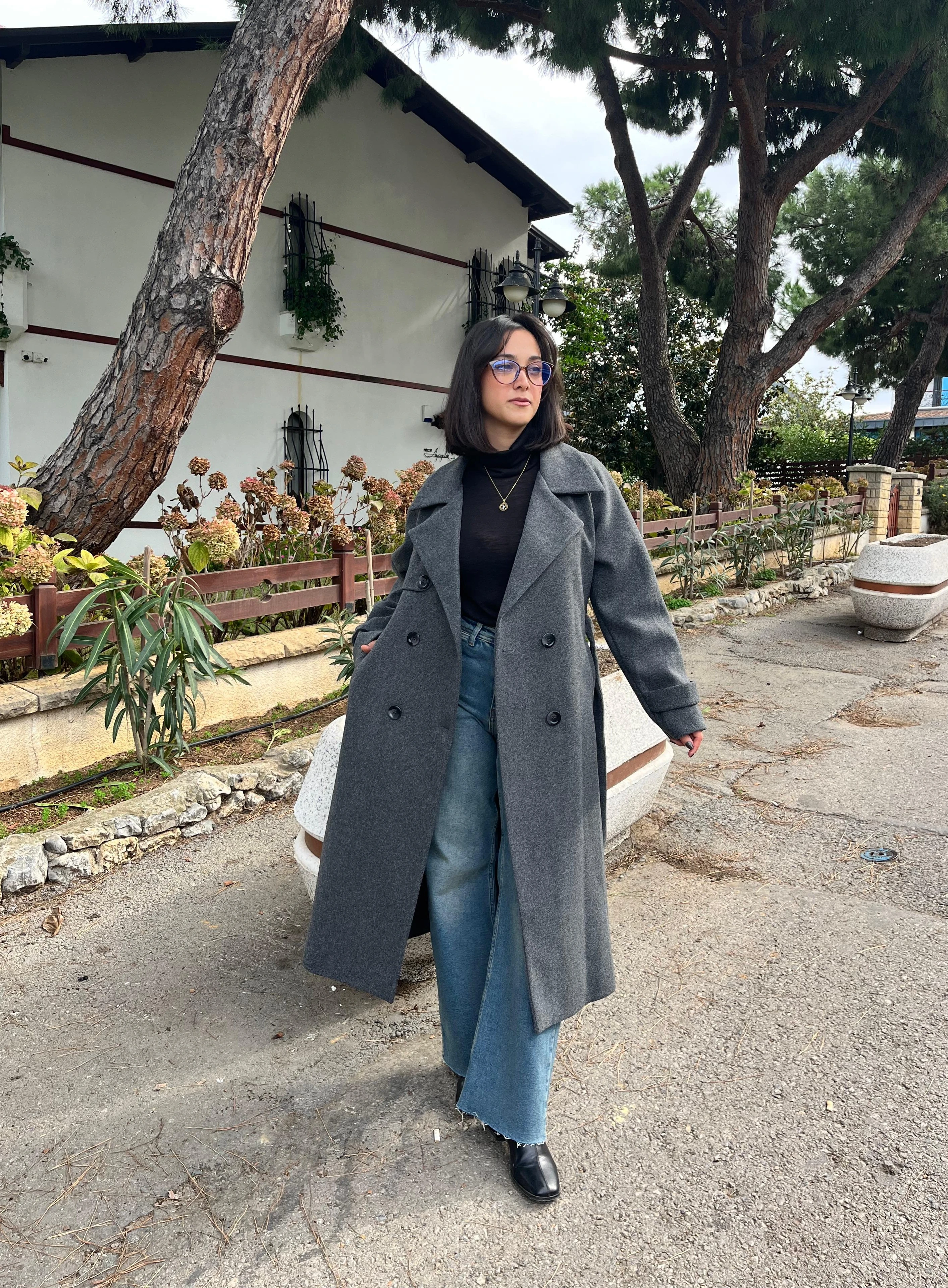  Çift Düğmeli Kemerli Kaşe Kaban  - GRİ