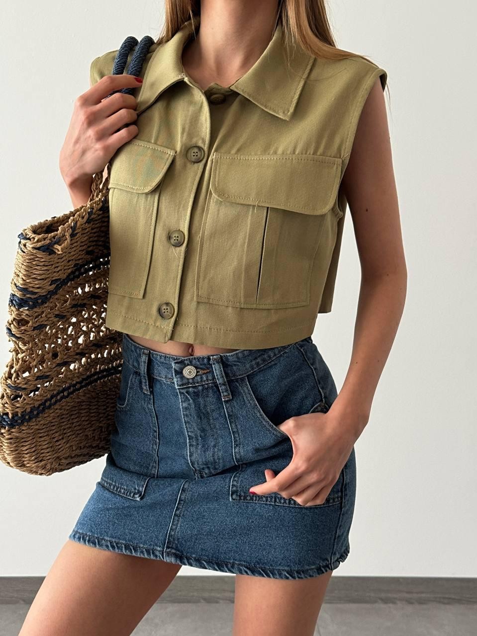 Cepli Crop Yelek - HAKİ