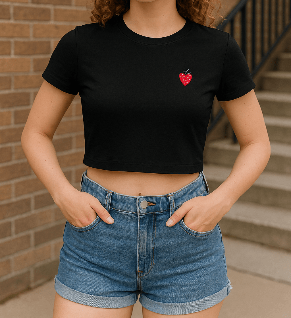 Yazın Tatlı Detayı: Çilek Nakışlı Siyah Crop Top ile Tarzını Konuştur