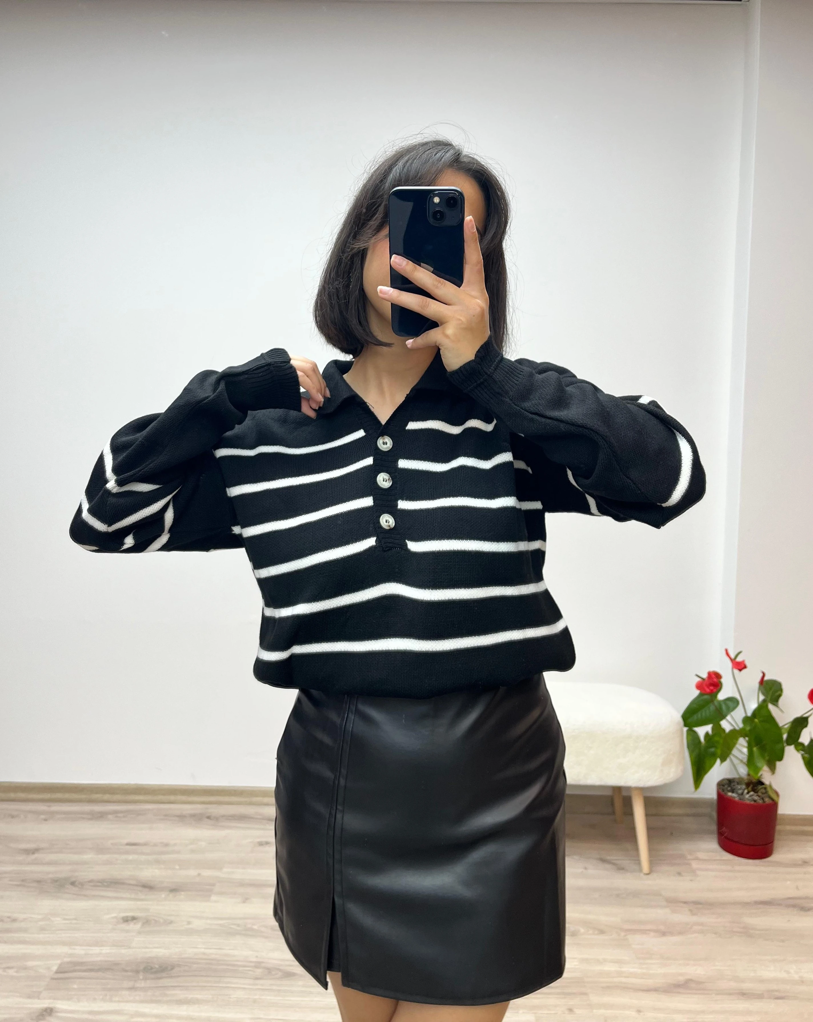 Polo Yaka Basic Çizgili Kazak