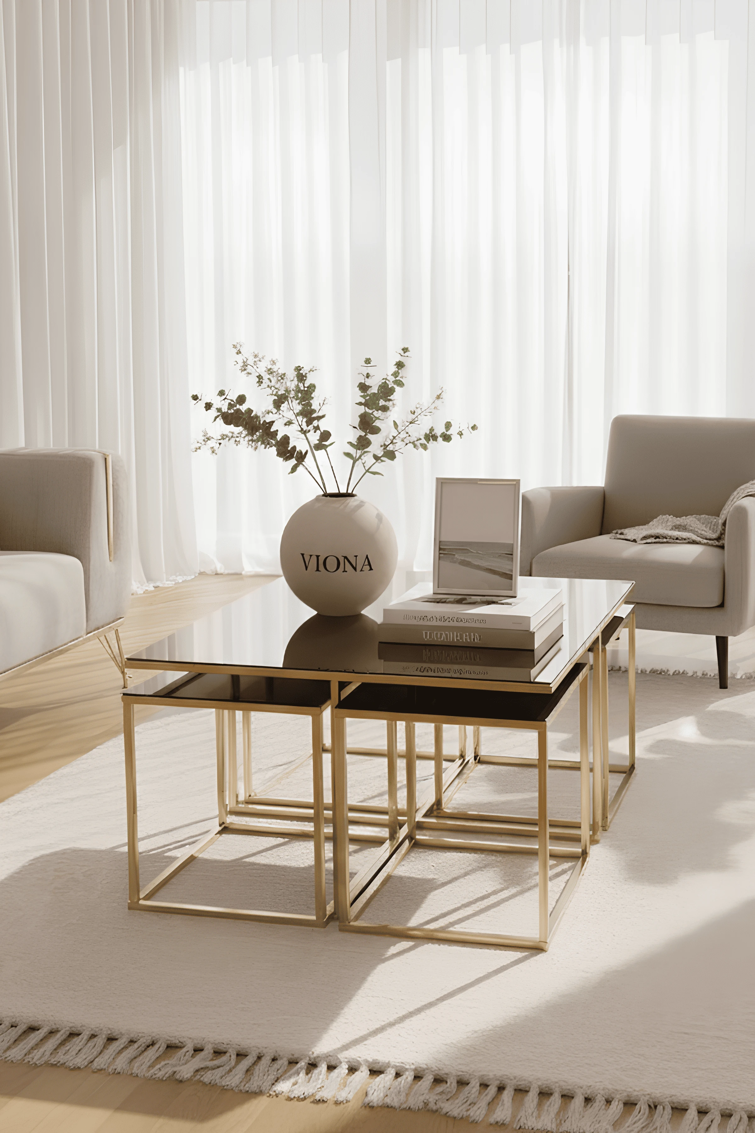 Almila 5'li Gold Kaplama Bronz Aynalı Orta Sehpa & Zigon Sehpa & Yan Sehpa & Bohem Sehpa Takımı